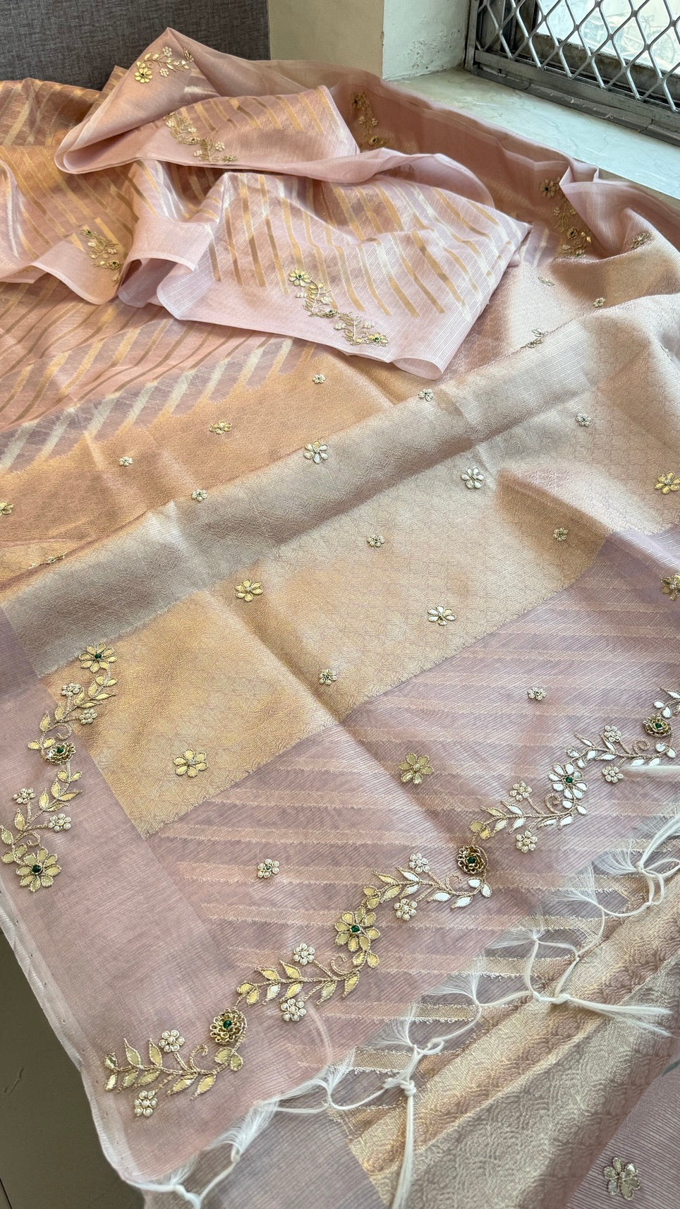 Pure Tissue Silk Zari Weaving Saree with Handcrafted Gota Patti & Moti Work | Soft Leheriya Tissue Silk Saree