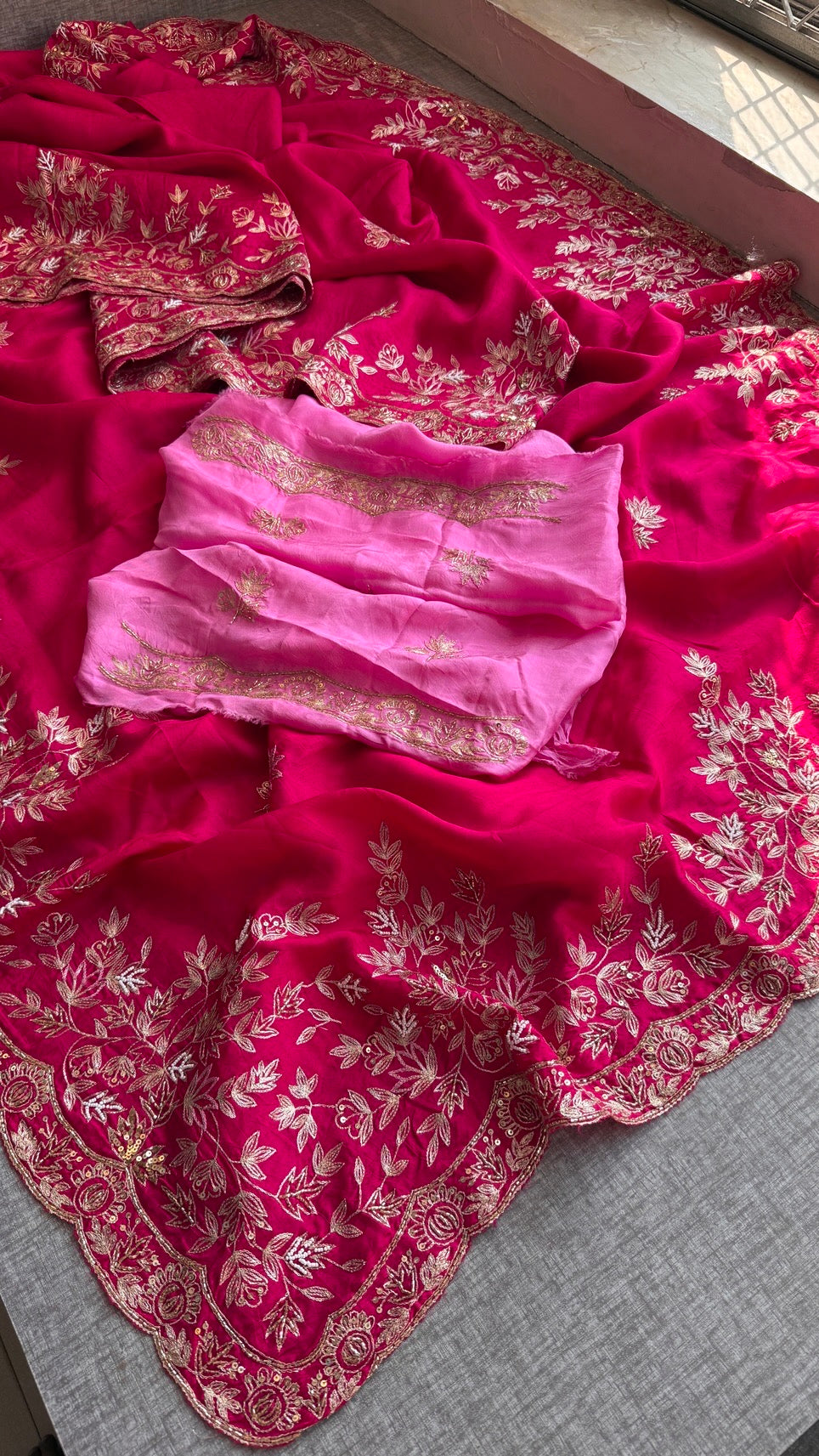 Designer Pure Munga Silk Saree with Floral Handwork & Embellished Border