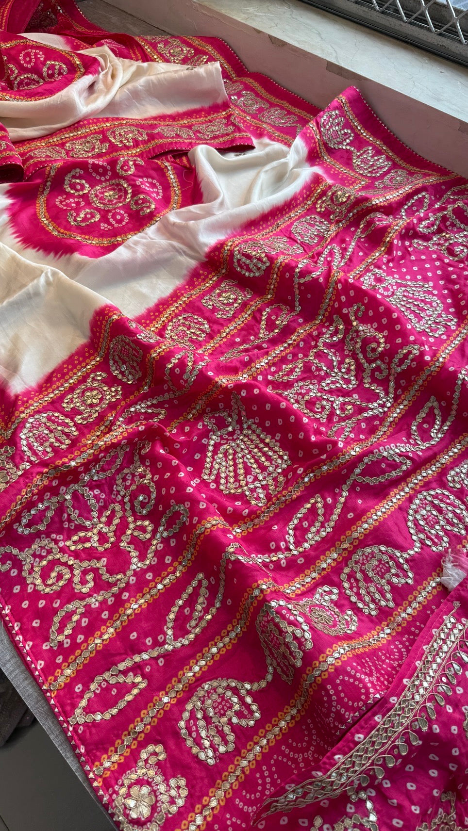 Pure Munga Silk Saree with Elephant Motifs & Gota Patti Work