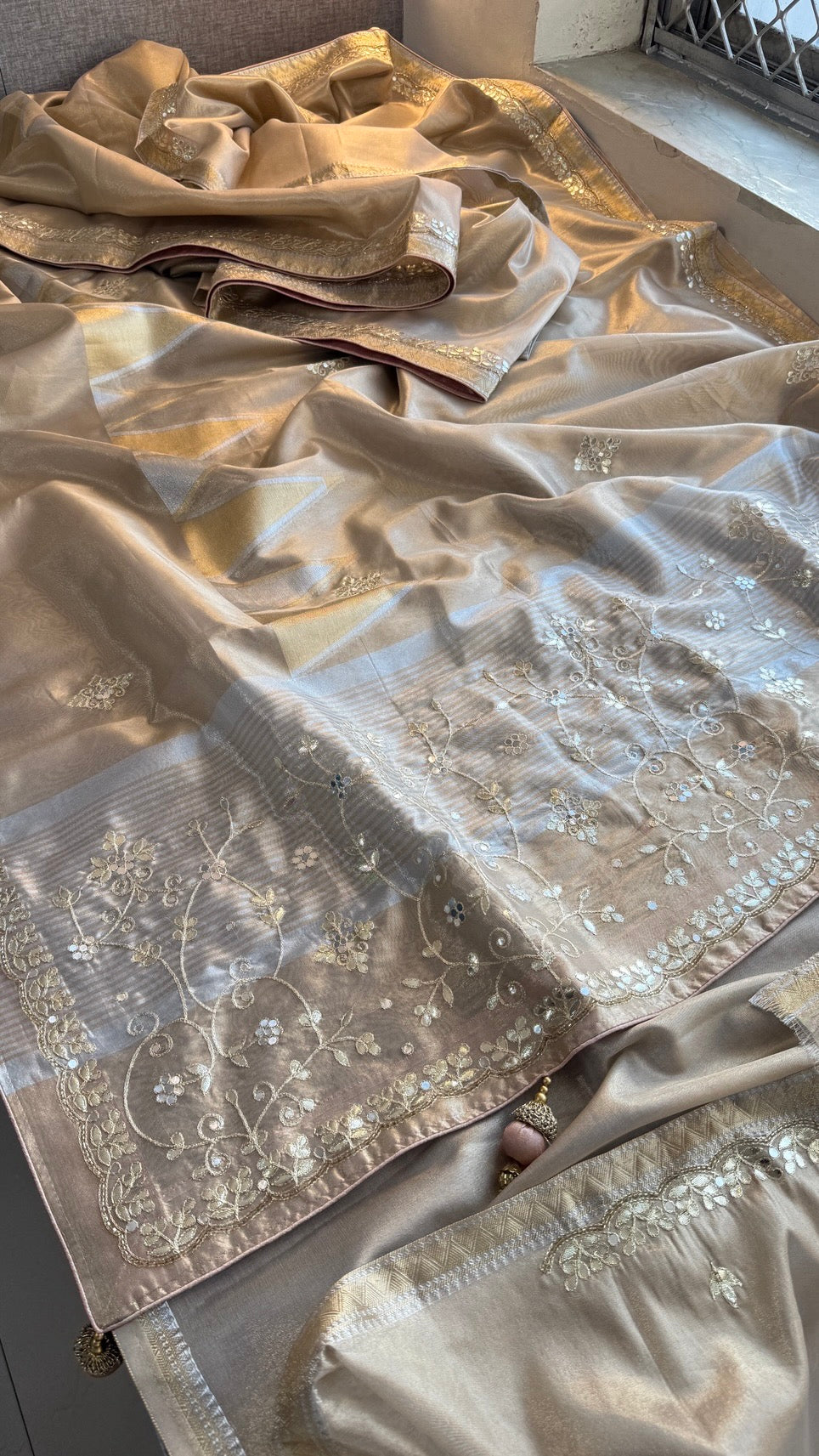 Pure Soft Tissue Silk Banarasi Weaving Saree with Gotapatti & Kutdana Handwork