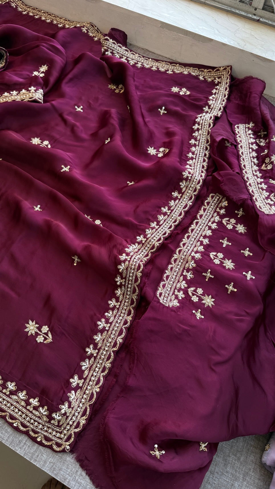 Bridal Pure Soft Organza Satin Saree with Zardozi, Sequins, Kutdana & Pearl Handwork