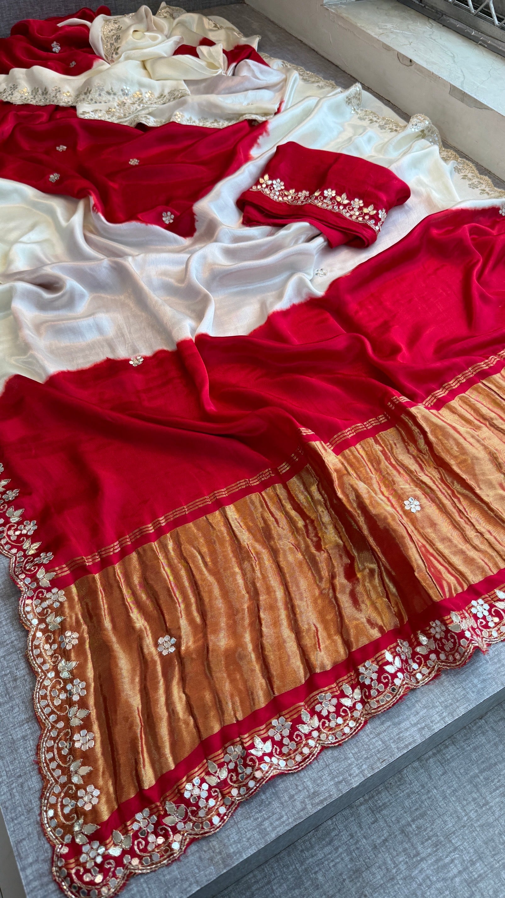 Exquisite Dual-Shade Pure Gajji Silk Saree with Traditional Gota Patti & Mirror Work