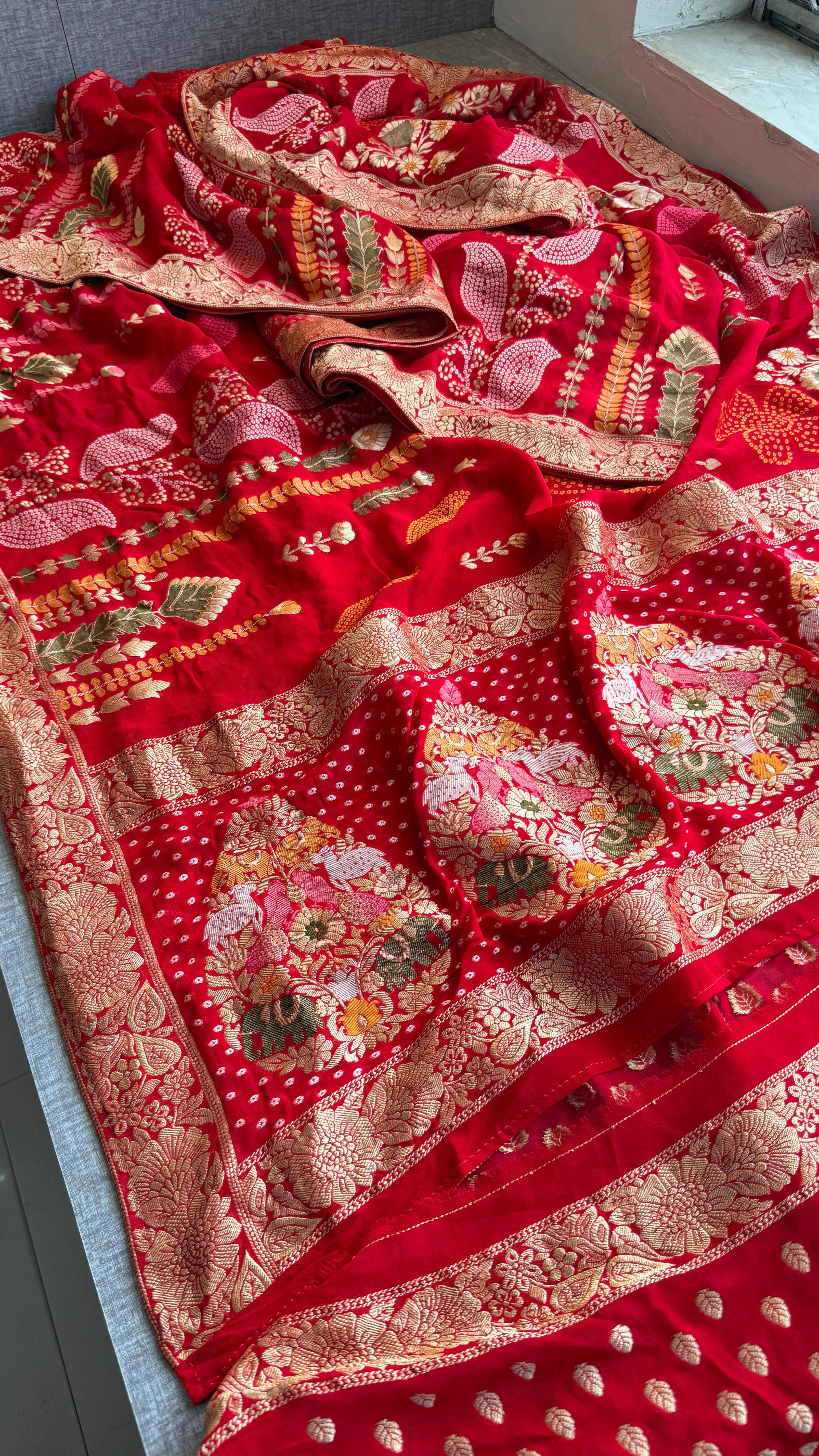 Traditional Red Banarasi Soft Georgette Saree with Heavy Zari Border