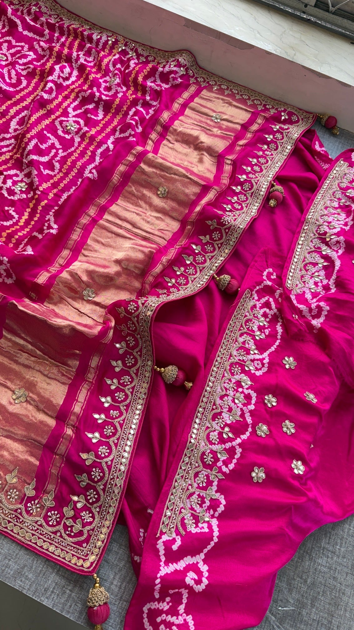 Pure Gajji Silk Bandhani Saree with Banana Wave Print & Handcrafted Gotapatti Aari Work