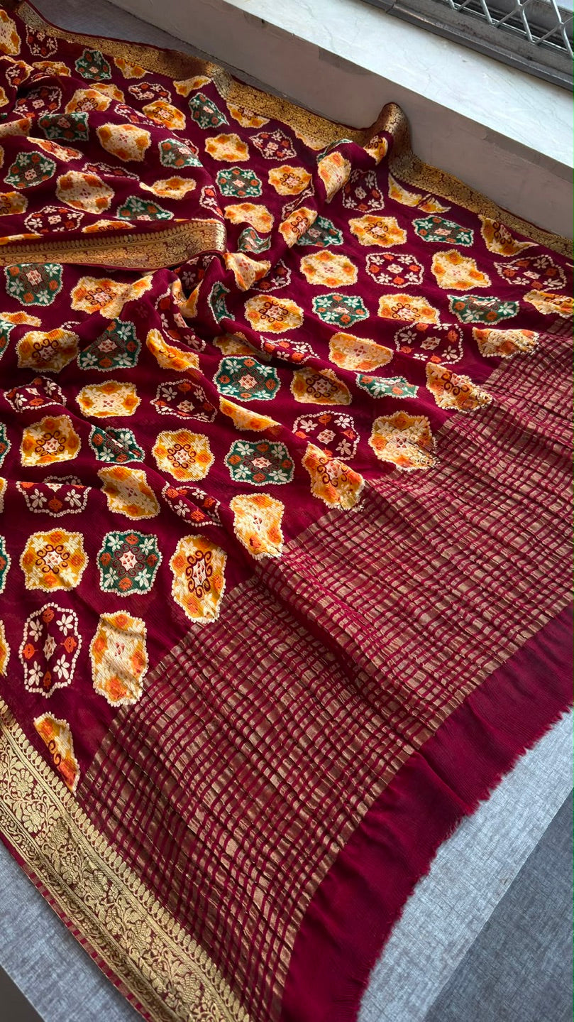 Luxurious Soft Chinon Crepe Banarasi Weaving Patola Print Saree