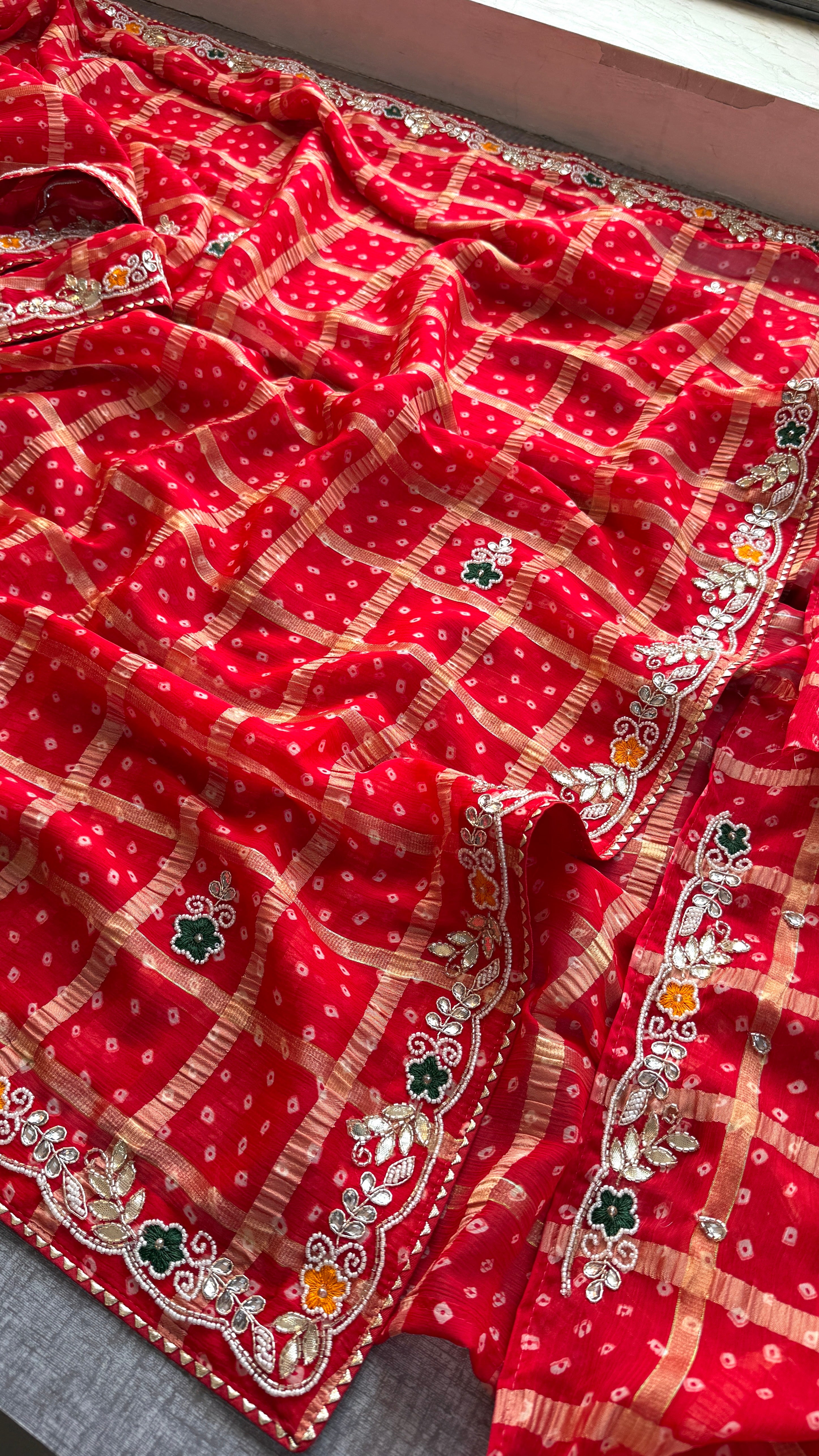 Red Karwachauth Bandhej Saree