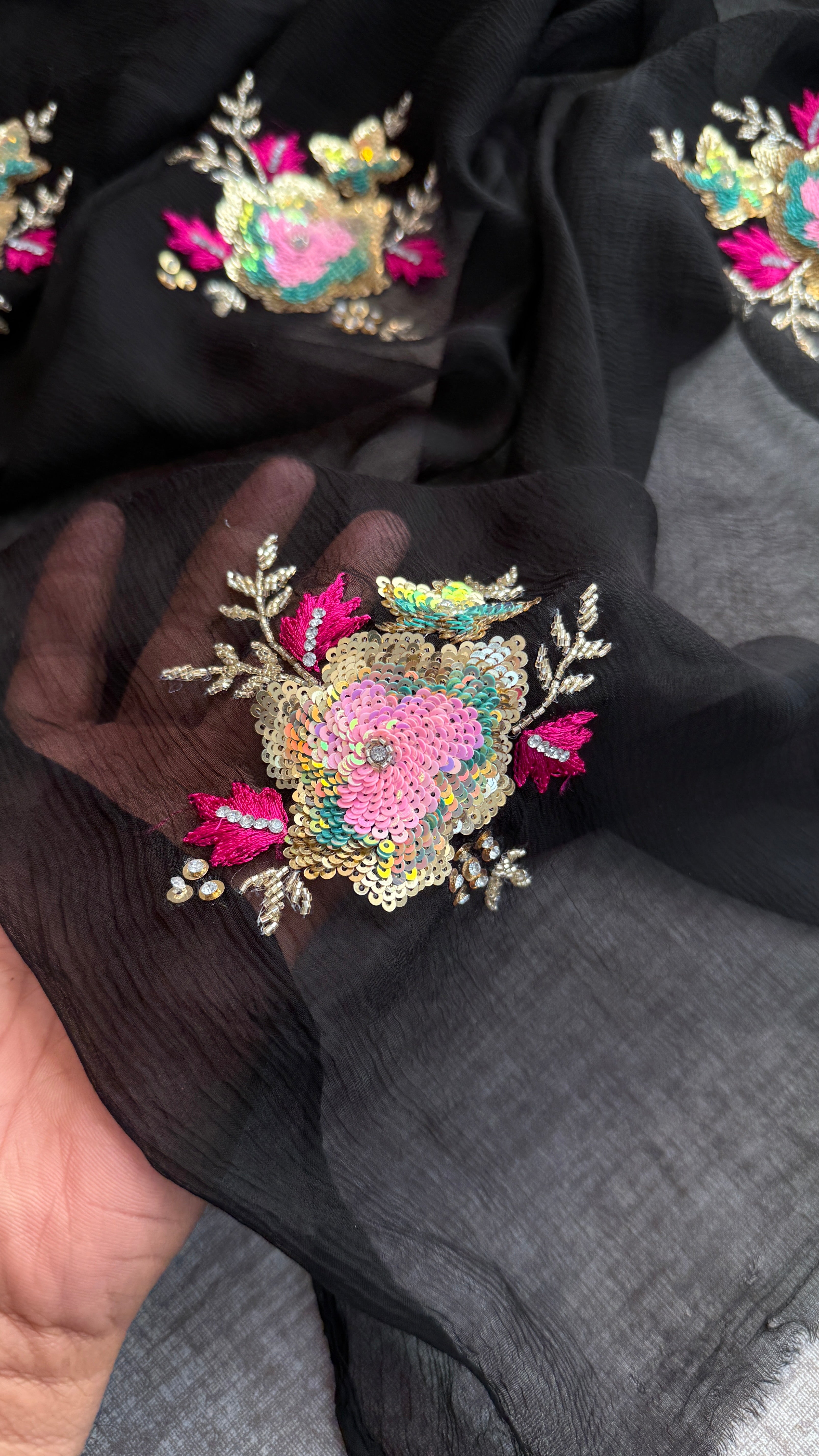 Midnight Black Chiffon Saree with Multi Sequins Butta & Resham Work
