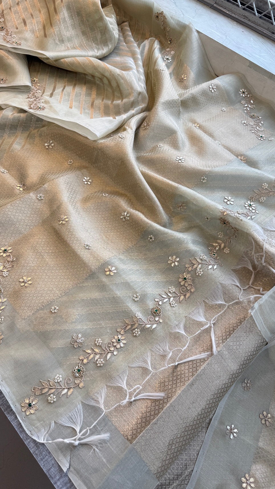Pure Tissue Silk Zari Weaving Saree with Handcrafted Gota Patti & Moti Work | Soft Leheriya Tissue Silk Saree