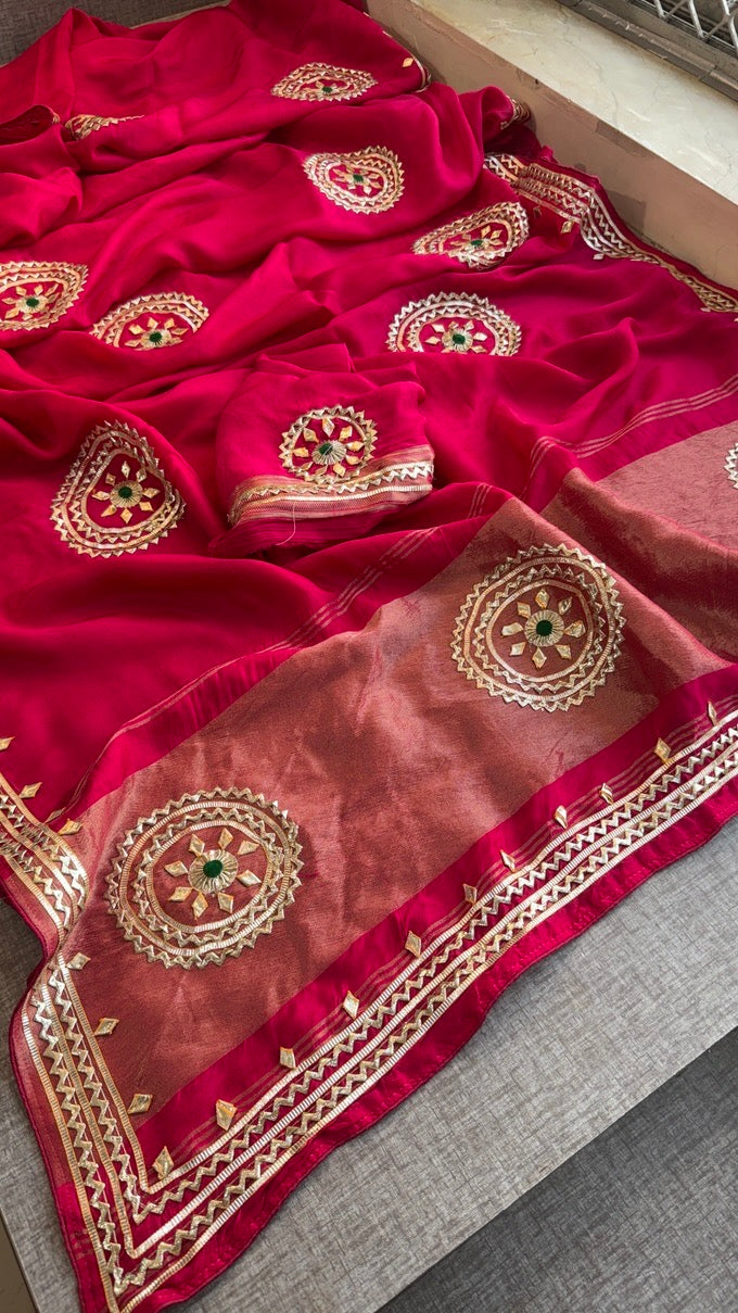 Sunshine Pure Munga Silk Rajwadi Pattern Rajasthani Jaipuri Saree with Sikhiya Gota Patti Work