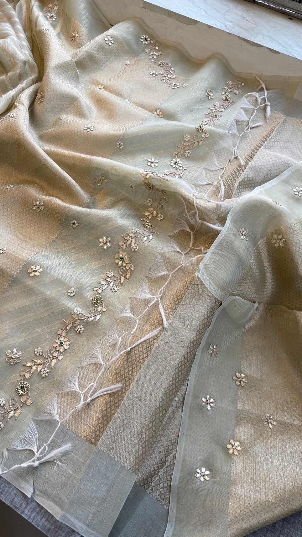 Pure Tissue Silk Zari Weaving Saree with Handcrafted Gota Patti & Moti Work | Soft Leheriya Tissue Silk Saree