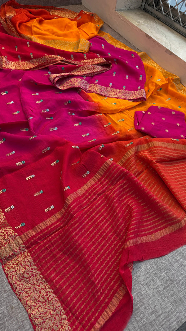 Pure chinon crepe Embroidered Saree