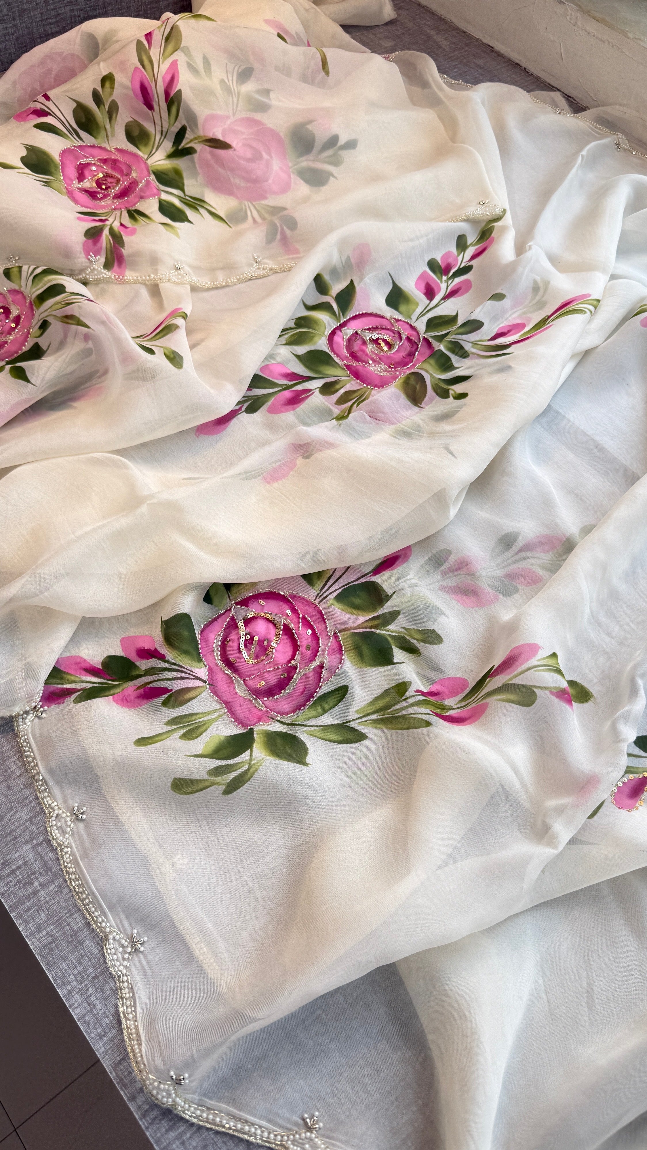 Pure Organza Hand-Painted Saree with Kutdana & Pearl Work
