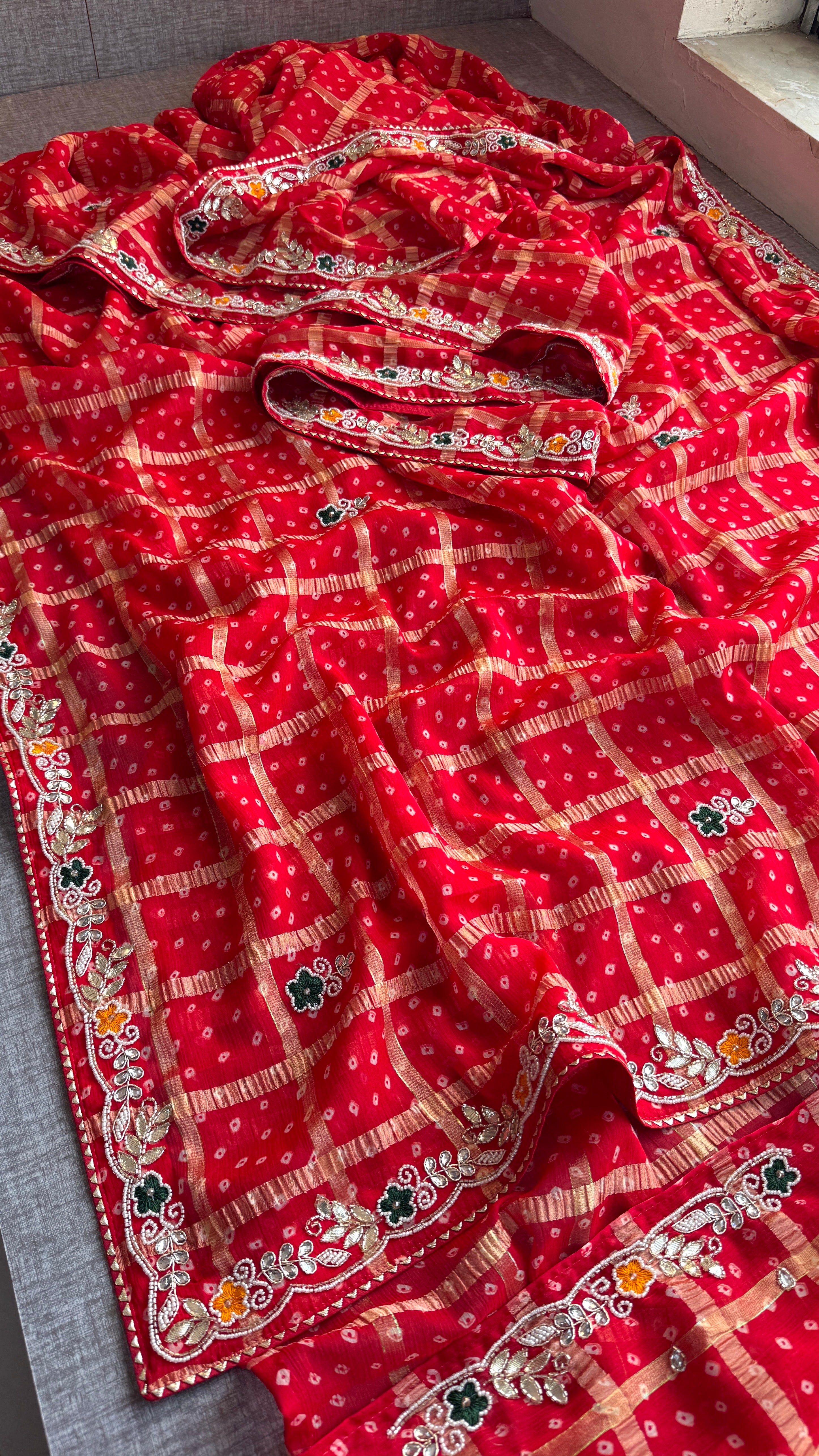 Red Karwachauth Bandhej Saree