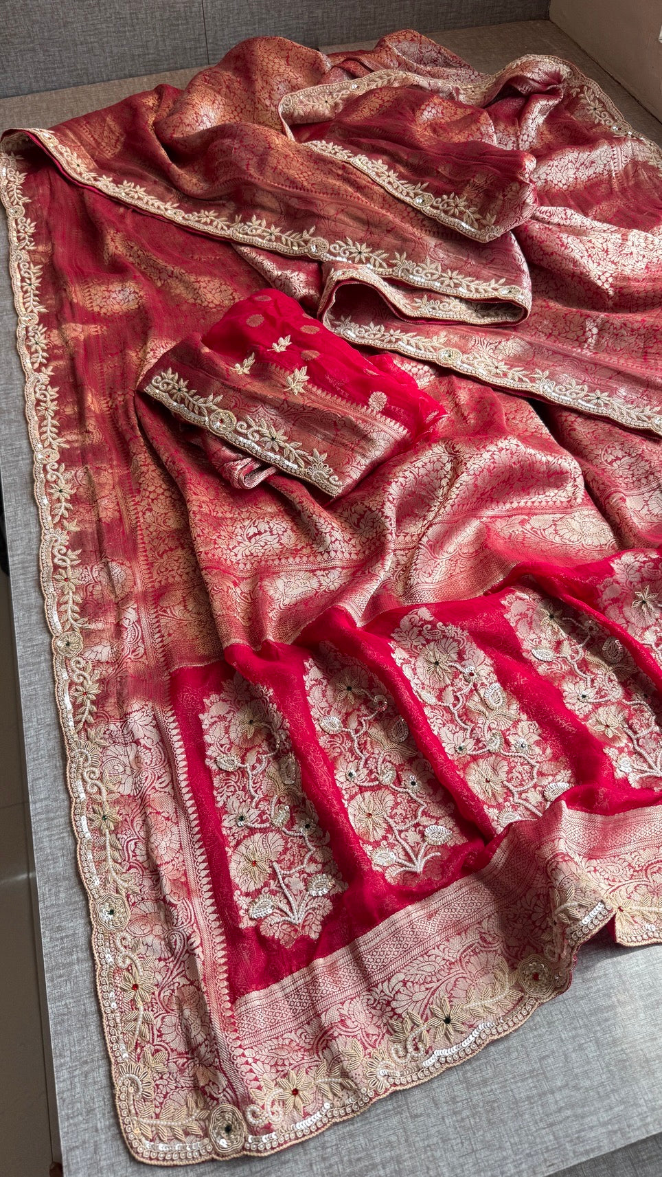 Wedding Wear Banarasi Khaddi Georgette Saree with Pearl Sequin Gotapatti Work