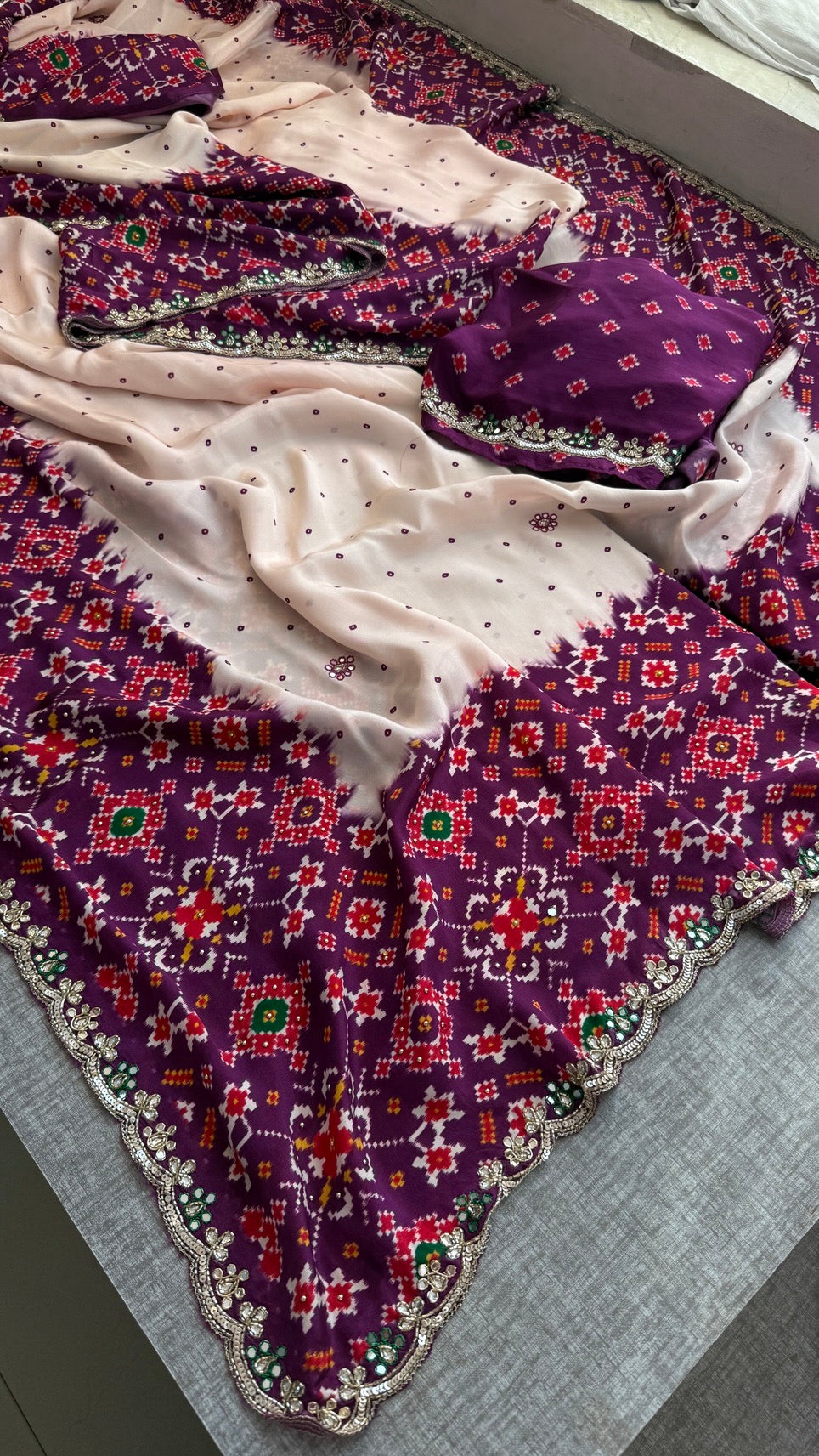 Soft Munga Silk Digital Print Saree with Zardozi, Kutdana, Pearl, Sequins & Stone Work with Designer Blouse