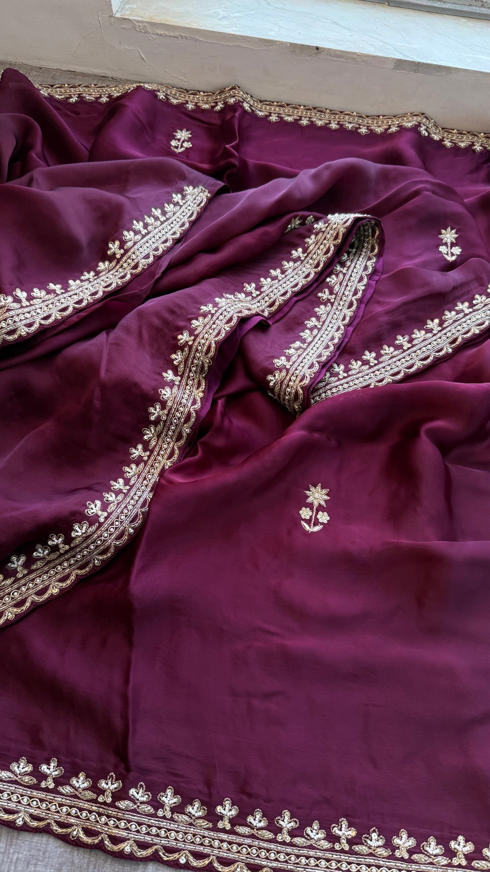 Bridal Pure Soft Organza Satin Saree with Zardozi, Sequins, Kutdana & Pearl Handwork
