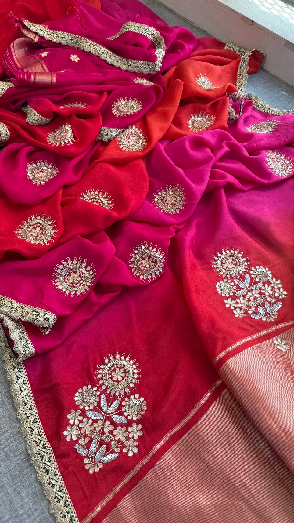Pure Munga Silk Lakdi Patta Banarasi Saree with Gotapatti, Zardozi & Pearl Work