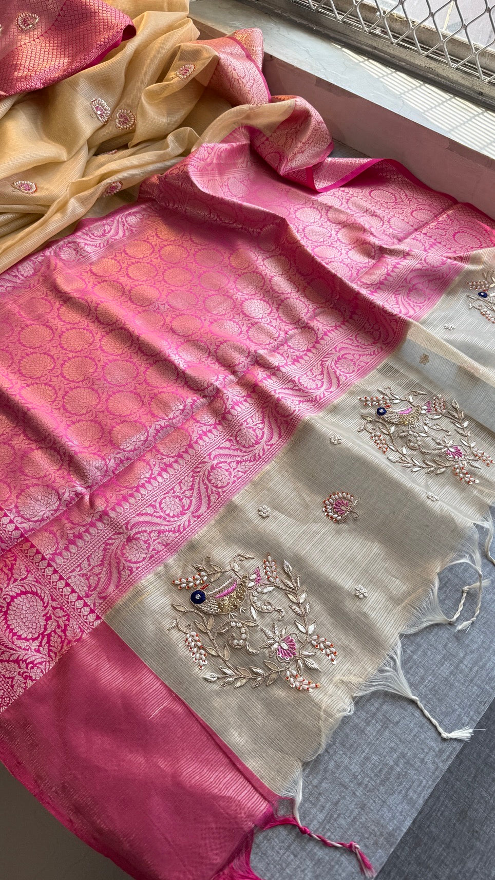 Soft Tissue Kota Silk Banarasi Weaving Saree with Gotapatti, Pearl & Sequin Embellishments