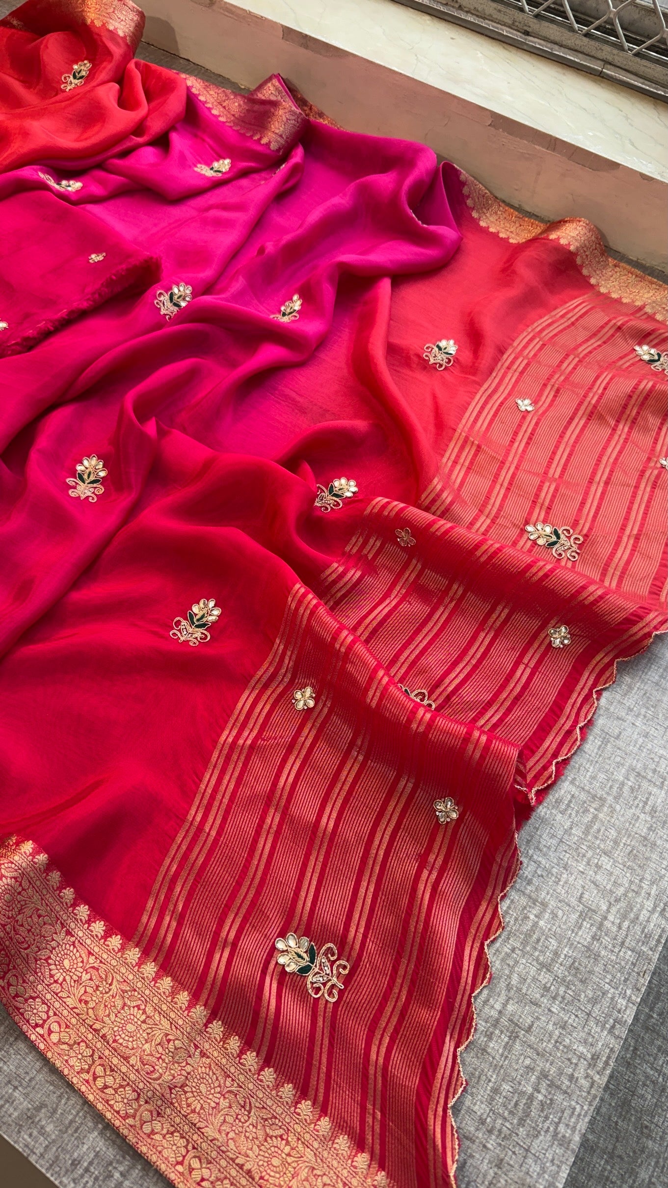 Stunning Dual-Tone Pink and Red Pure Silk Saree with Gota Patti Handwork and Banarasi Border