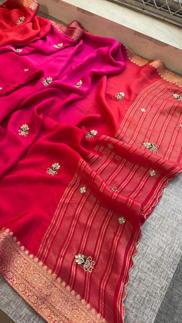 Stunning Dual-Tone Pink and Red Pure Silk Saree with Gota Patti Handwork and Banarasi Border