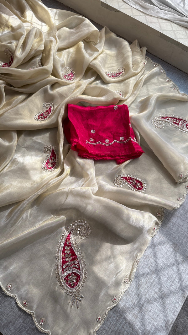 Pure Cosmo Tissue Silk Saree | Ivory & Purple Paisley Aari Work Saree | Sequin & Moti Embroidery | Scalloped Border