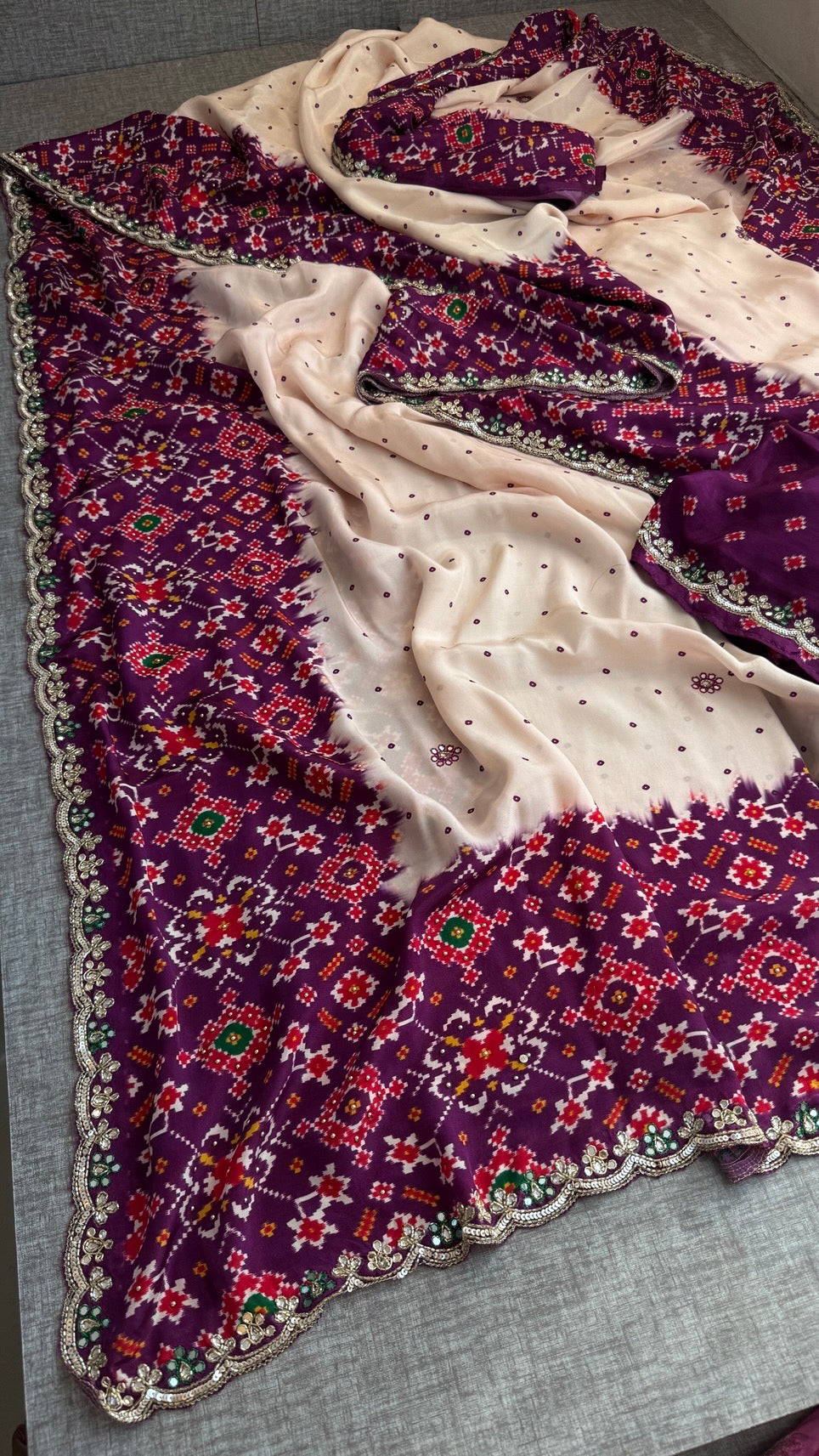 Soft Munga Silk Digital Print Saree with Zardozi, Kutdana, Pearl, Sequins & Stone Work with Designer Blouse