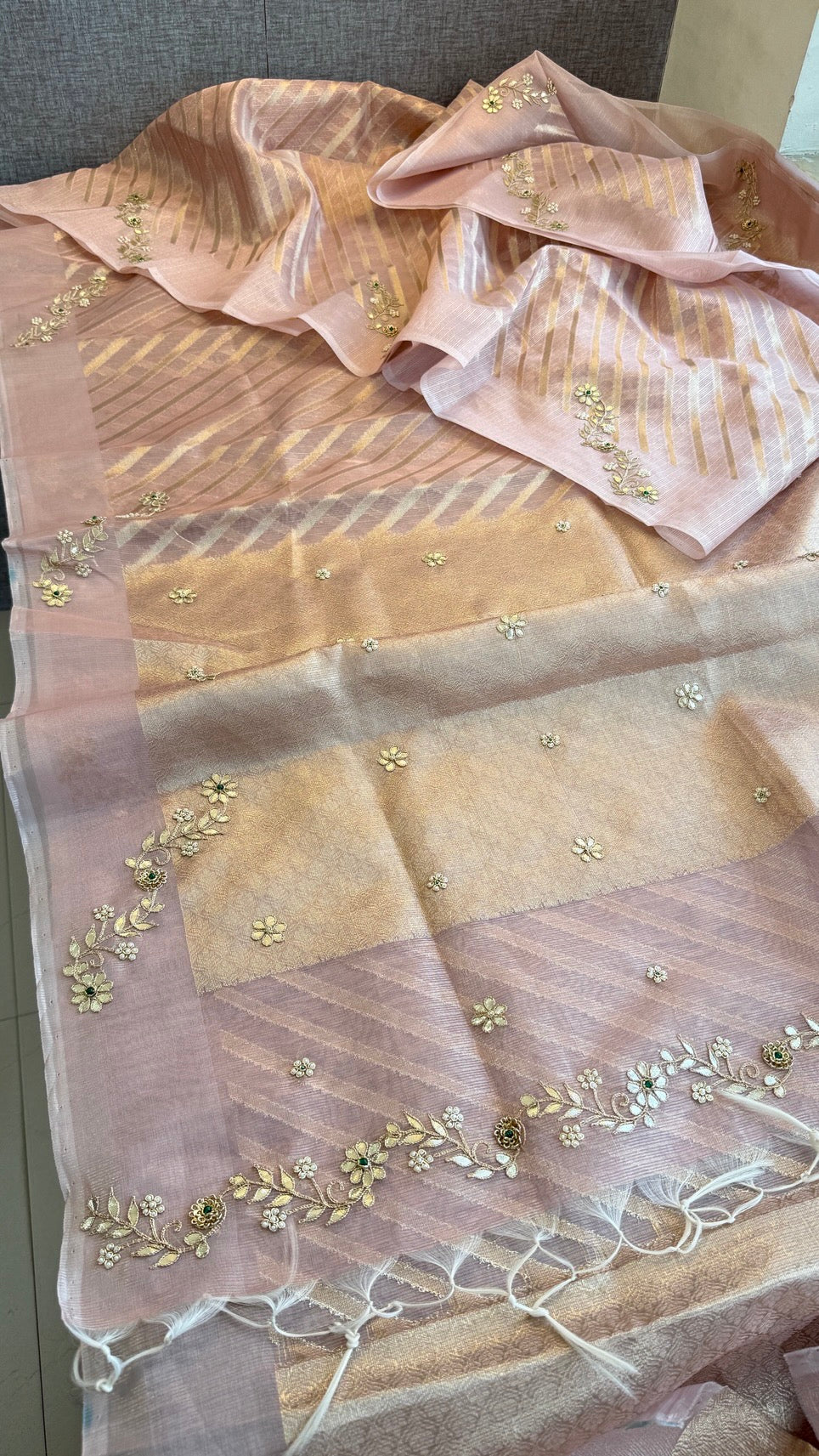 Pure Tissue Silk Zari Weaving Saree with Handcrafted Gota Patti & Moti Work | Soft Leheriya Tissue Silk Saree