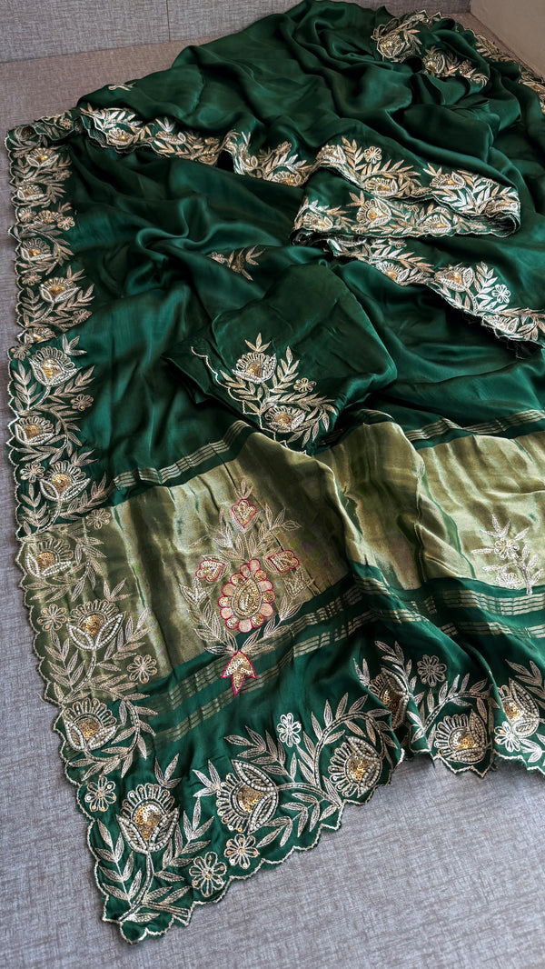 Designer Green Pure Gajji Silk Saree with Aari, Cutdana, and Gota Patti Handwork with Blouse