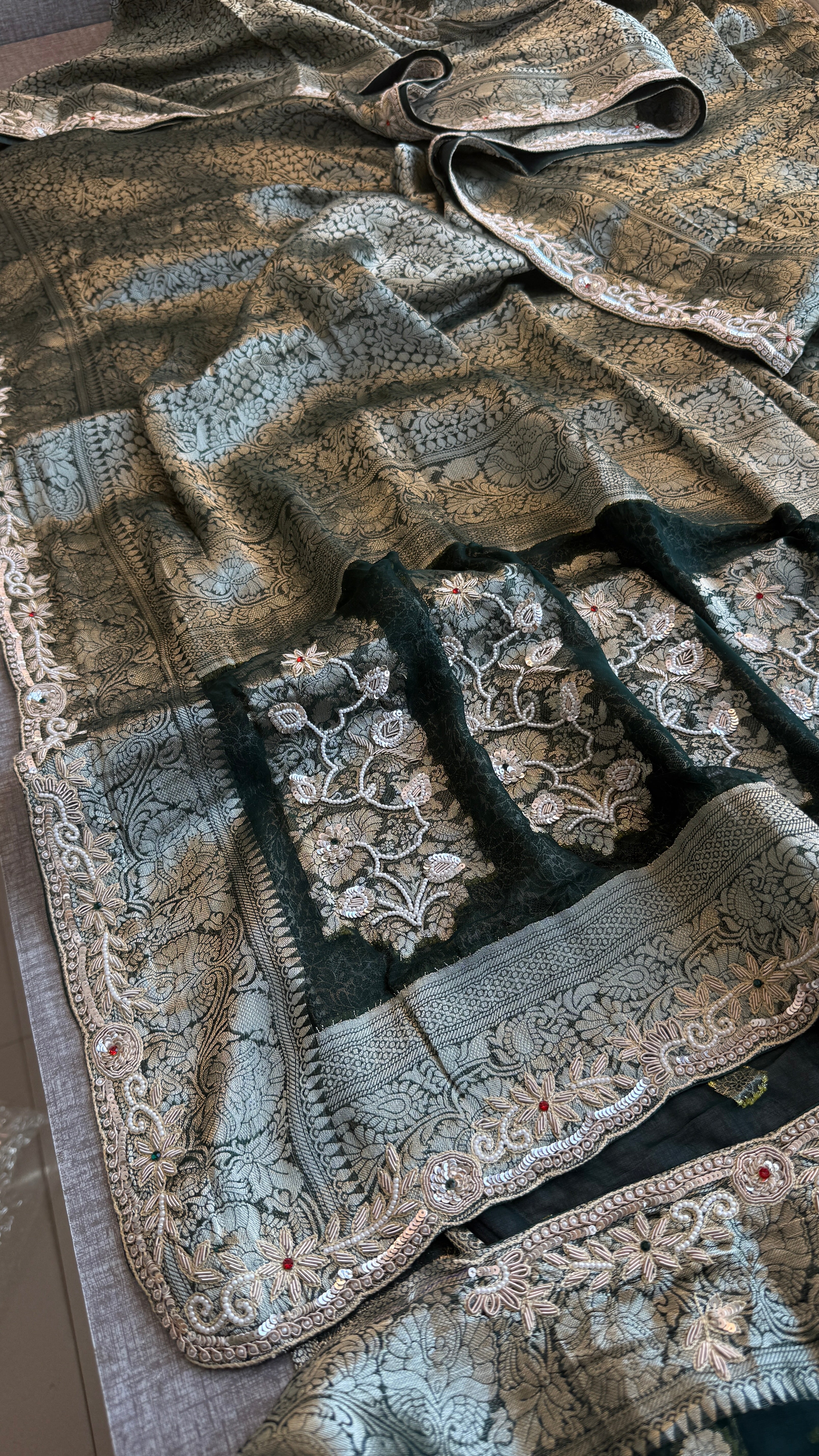 Pure Khaddi Georgette saree Adorned With Zardozi, Sequins , Pearl and Stone