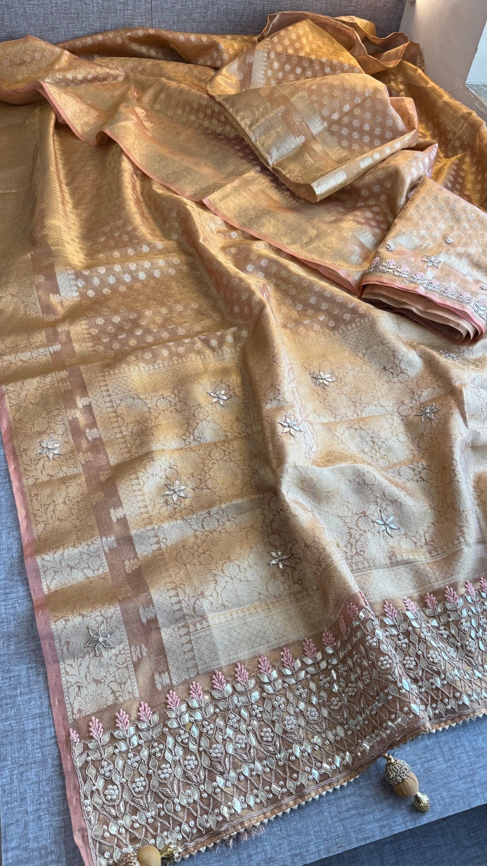 100% Soft Tissue Silk Banarasi Weaving Saree with Gotapatti, Zardozi, Pearl & Sequin Work