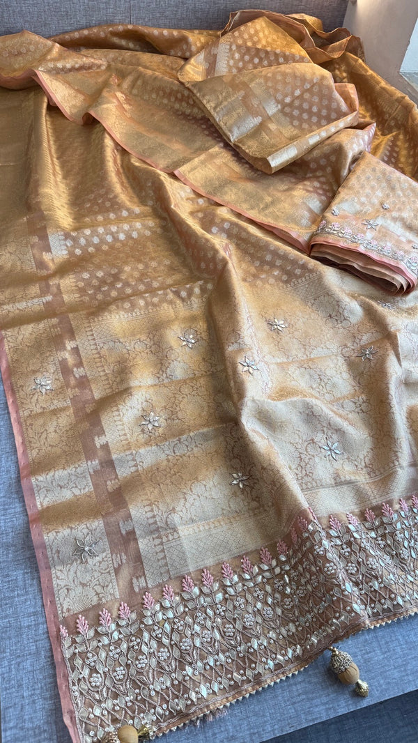 100% Soft Tissue Silk Banarasi Weaving Saree with Gotapatti, Zardozi, Pearl & Sequin Work