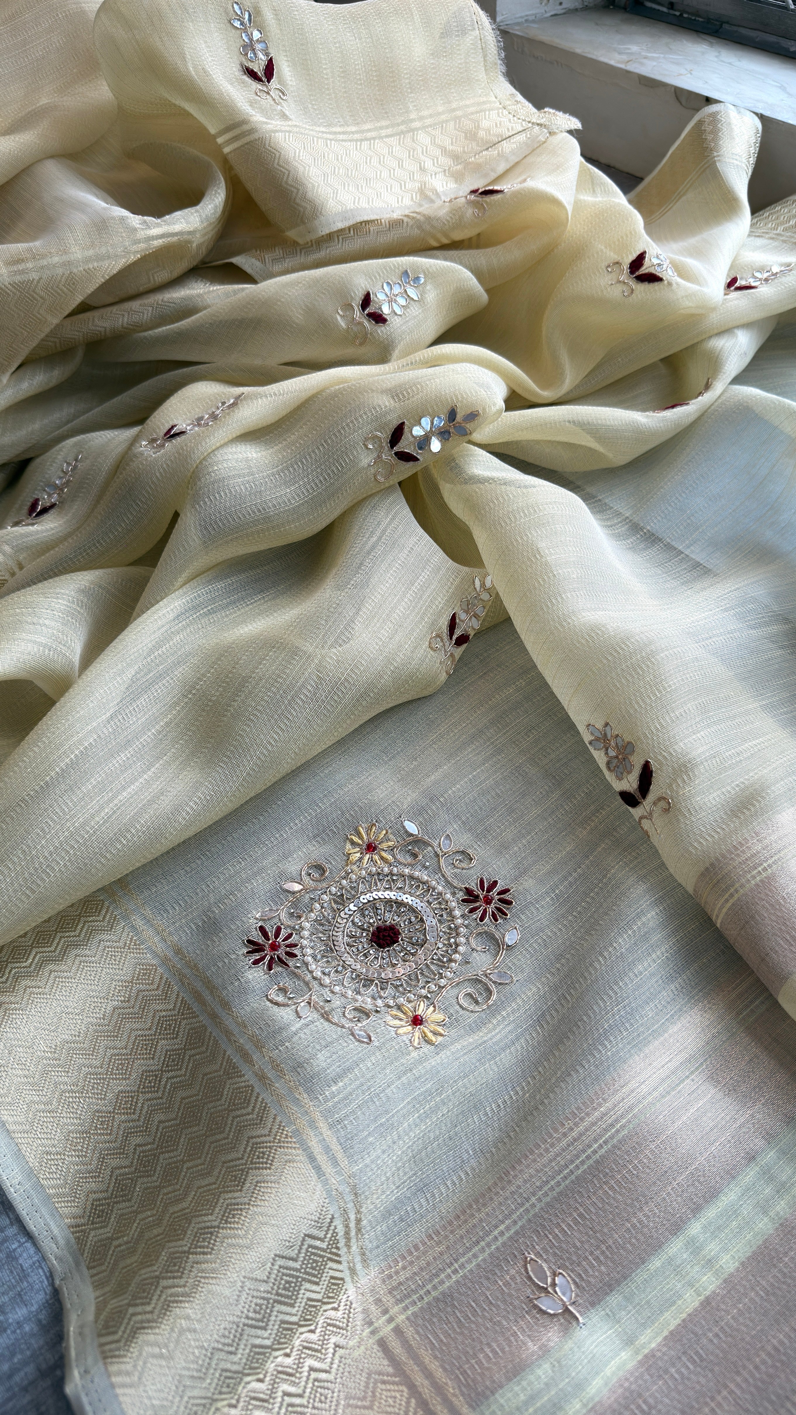 Pure Tissue Linen Banarasi Saree | Zardozi & Kutdana Handwork Saree