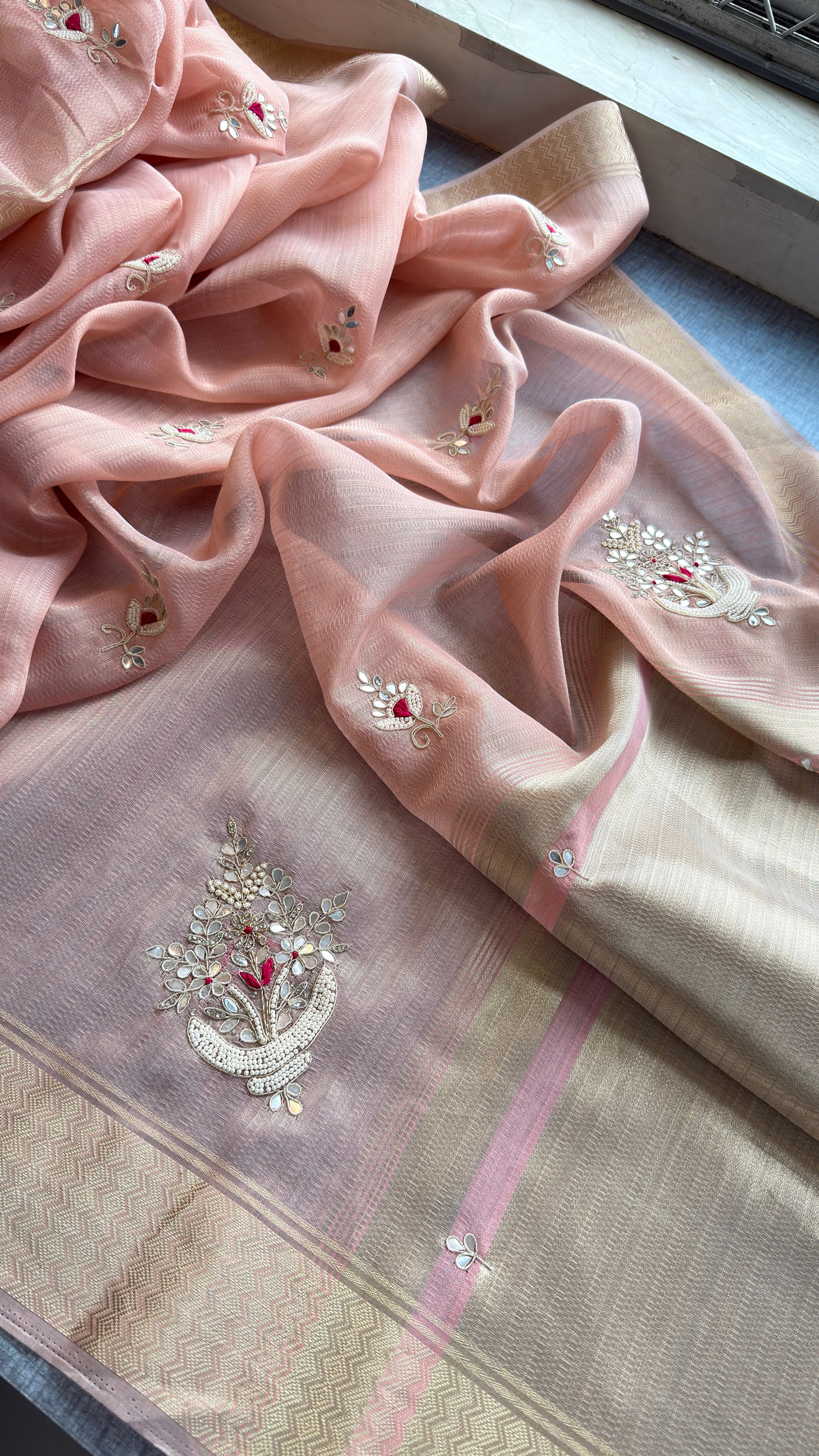 Pure Soft Tissue Linen Banarasi Saree | Zardozi & Kutdana Handwork Saree