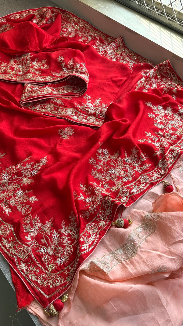 Designer Pure Munga Silk Saree with Floral Handwork & Embellished Border