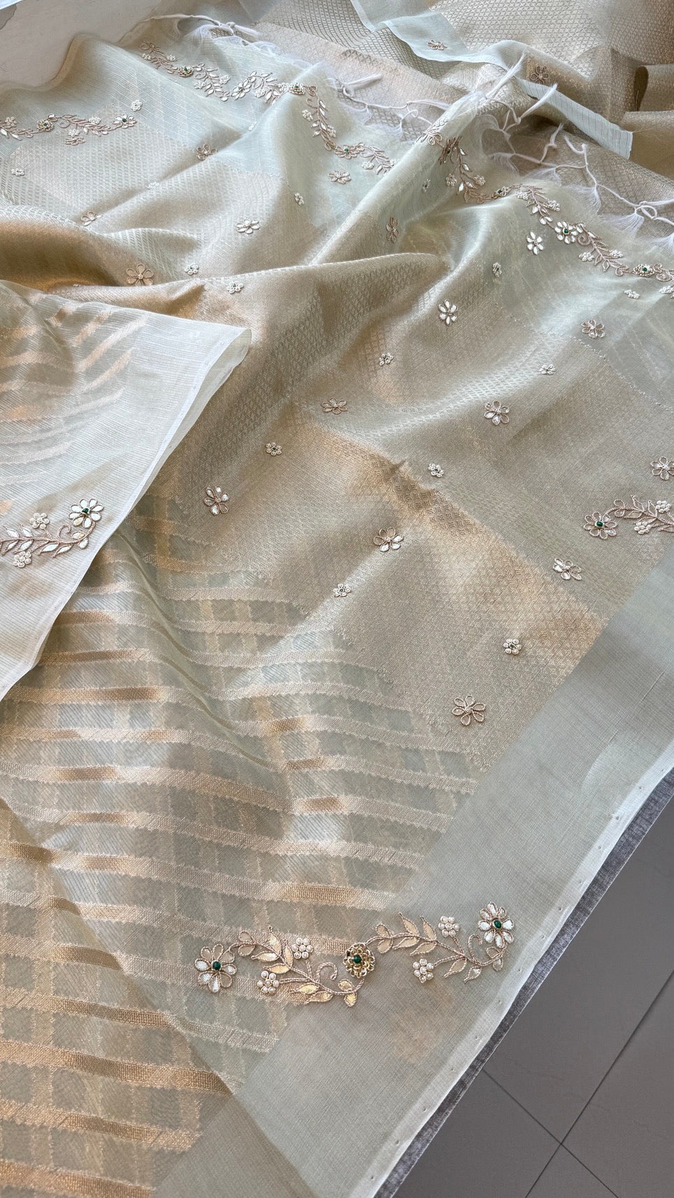 Pure Tissue Silk Zari Weaving Saree with Handcrafted Gota Patti & Moti Work | Soft Leheriya Tissue Silk Saree