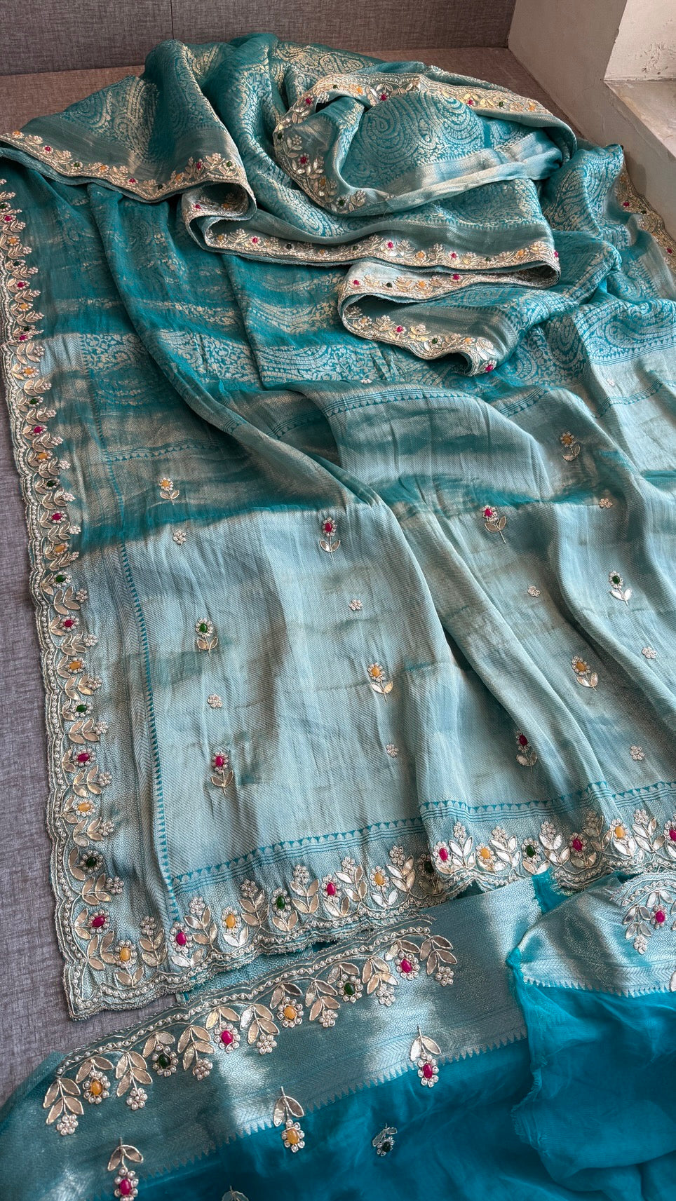 Royal Khaddi Georgette Banarasi Zari Weaving Saree with Gotapatti & Jewellery Stone Embellishment