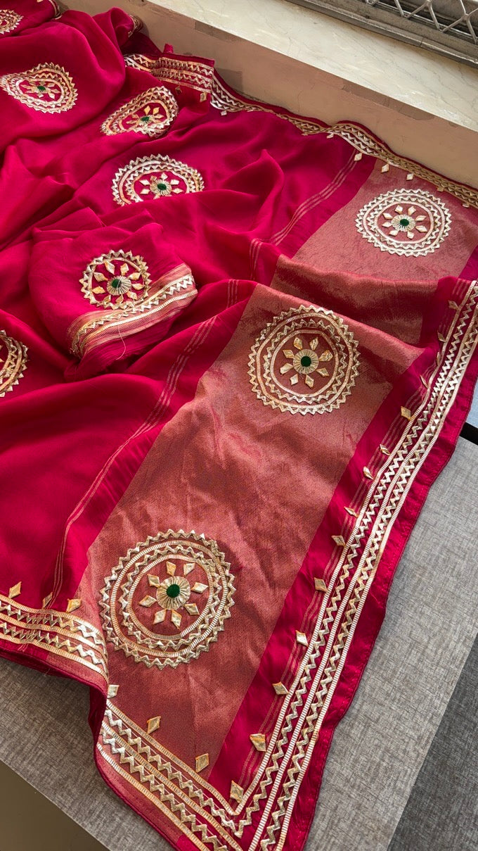 Sunshine Pure Munga Silk Rajwadi Pattern Rajasthani Jaipuri Saree with Sikhiya Gota Patti Work