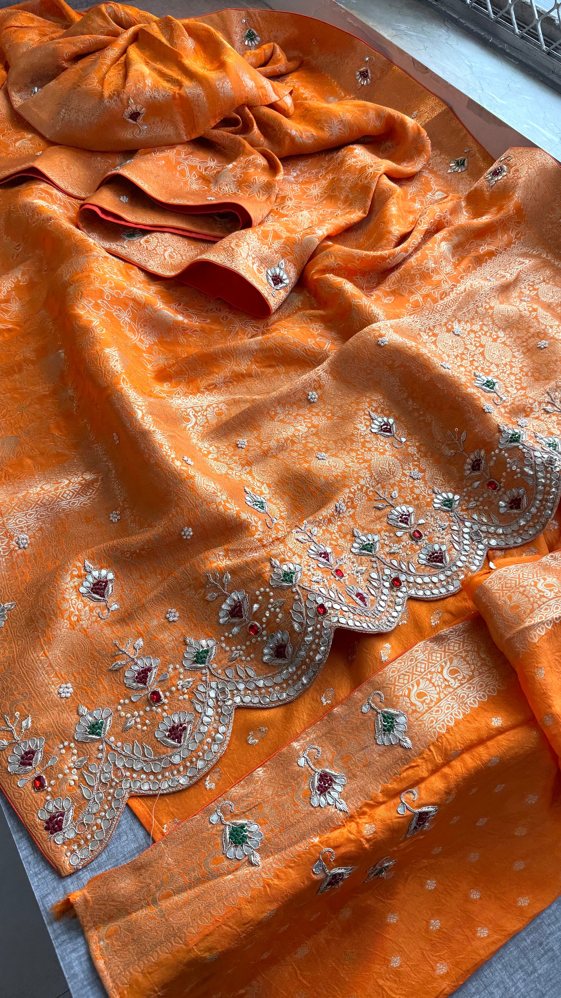 Luxury Munga Silk Banarasi Saree with Zardozi Gota Patti Pearl Sequin & Stone Handwork