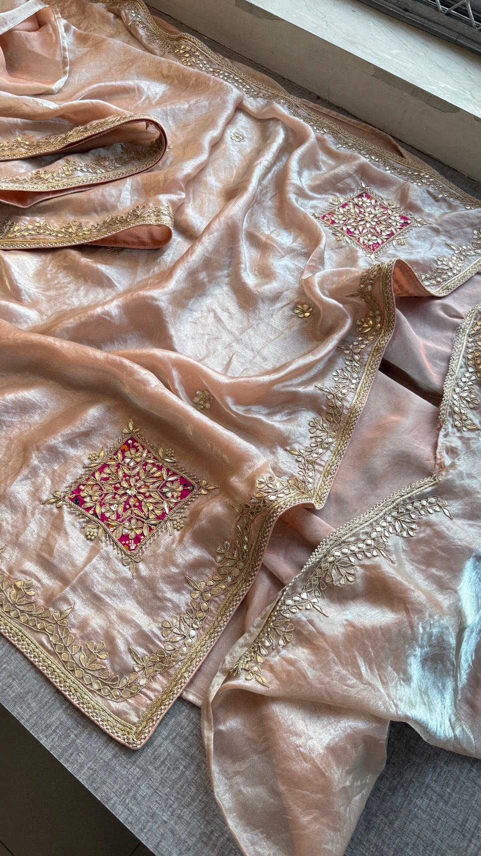 Pure Soft Crepe Silk Saree with Gota Patti, Zardozi, Pearl & Kutdana Handwork