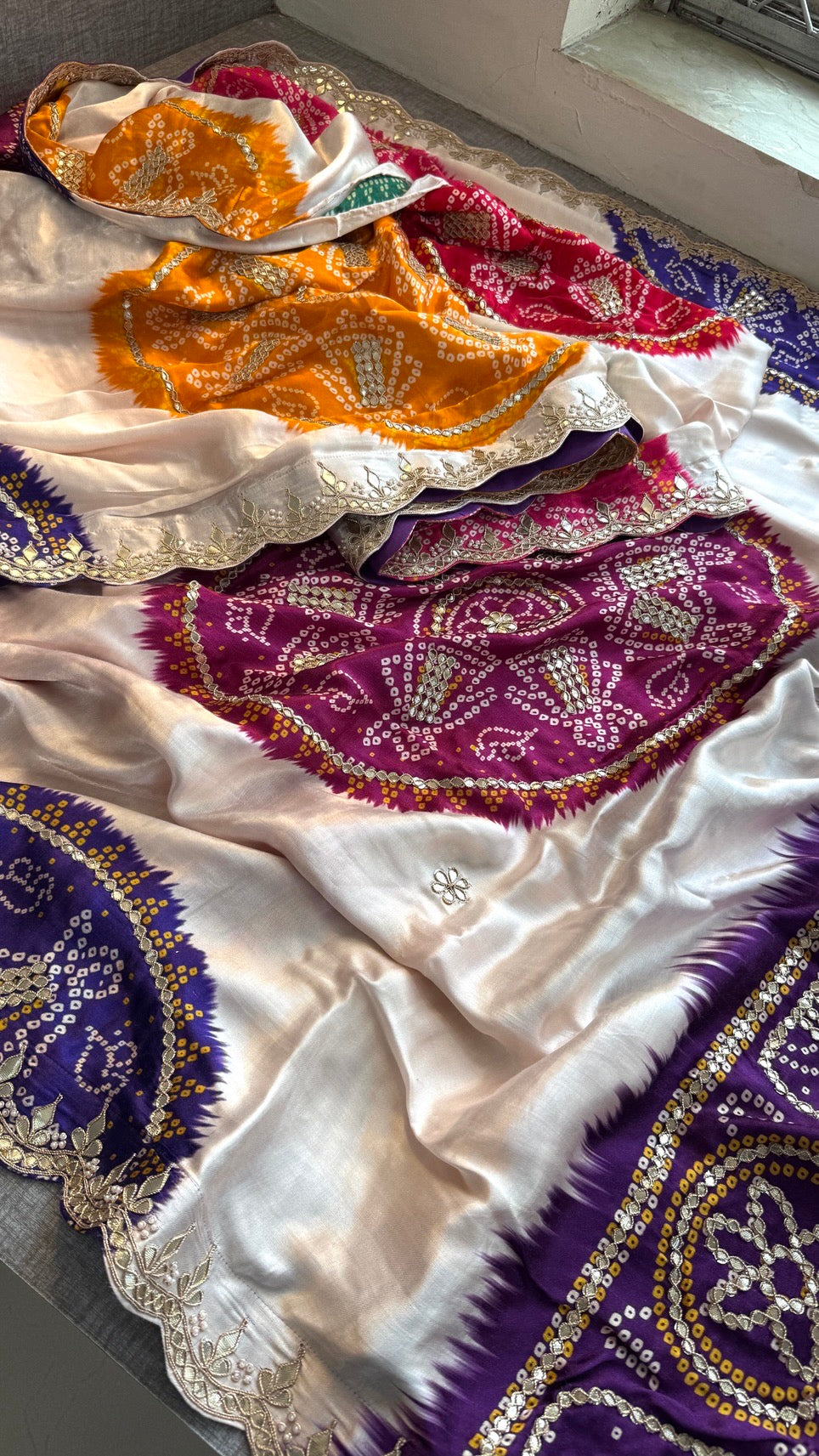 Elegant Gajji Silk Saree with Bandhani Prints & Handcrafted Embellishments
