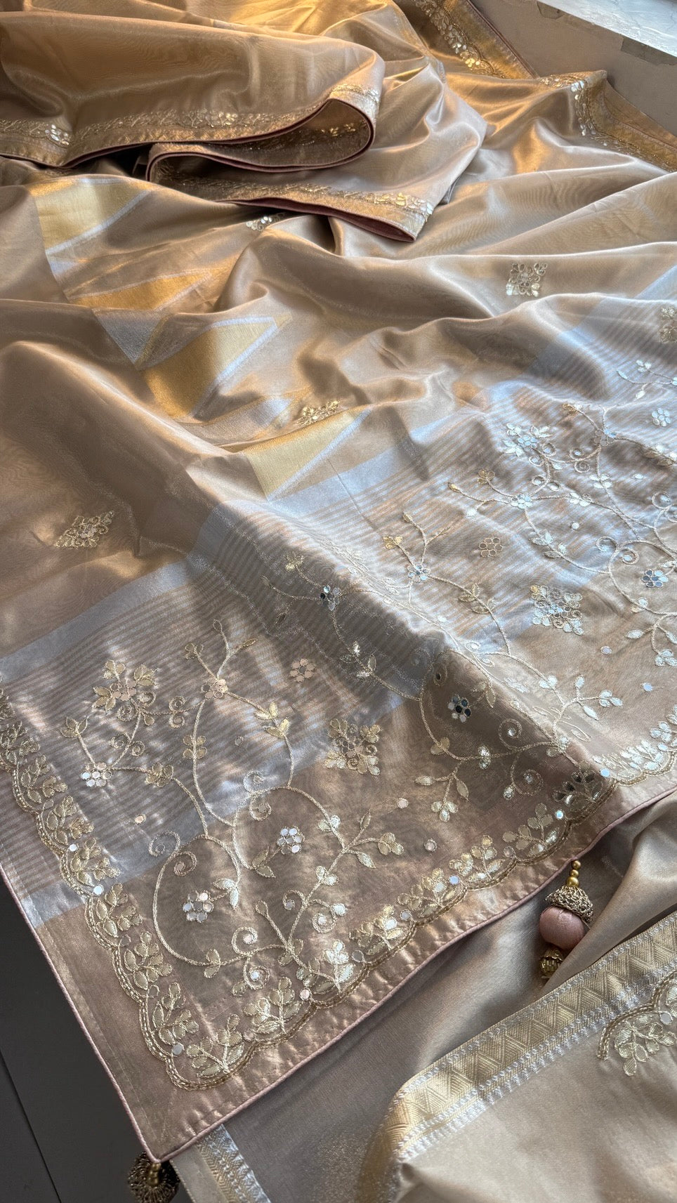 Pure Soft Tissue Silk Banarasi Weaving Saree with Gotapatti & Kutdana Handwork