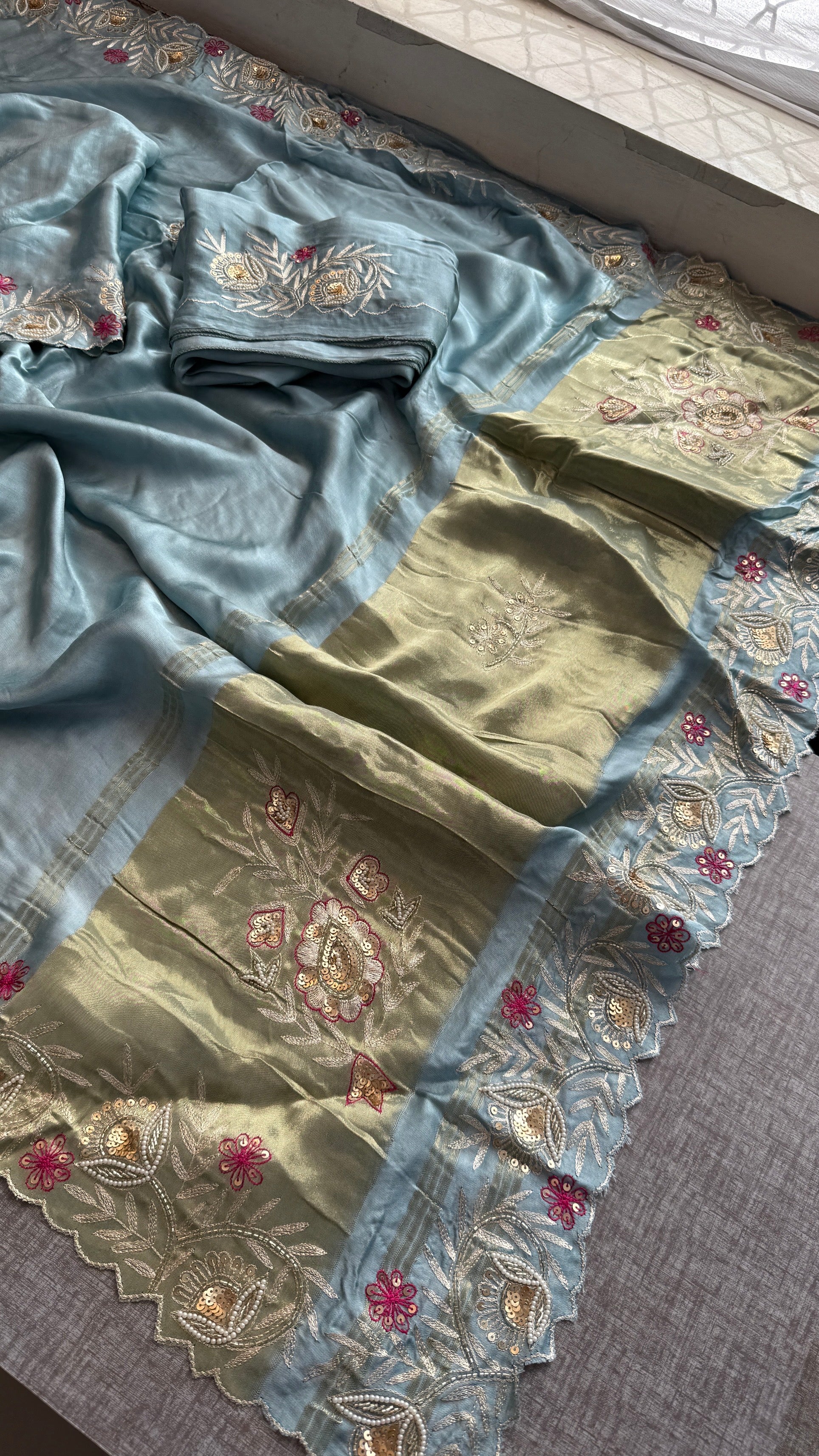 Designer Pure Gajji Silk Saree with Aari, Cutdana, and Gota Patti Handwork with Blouse