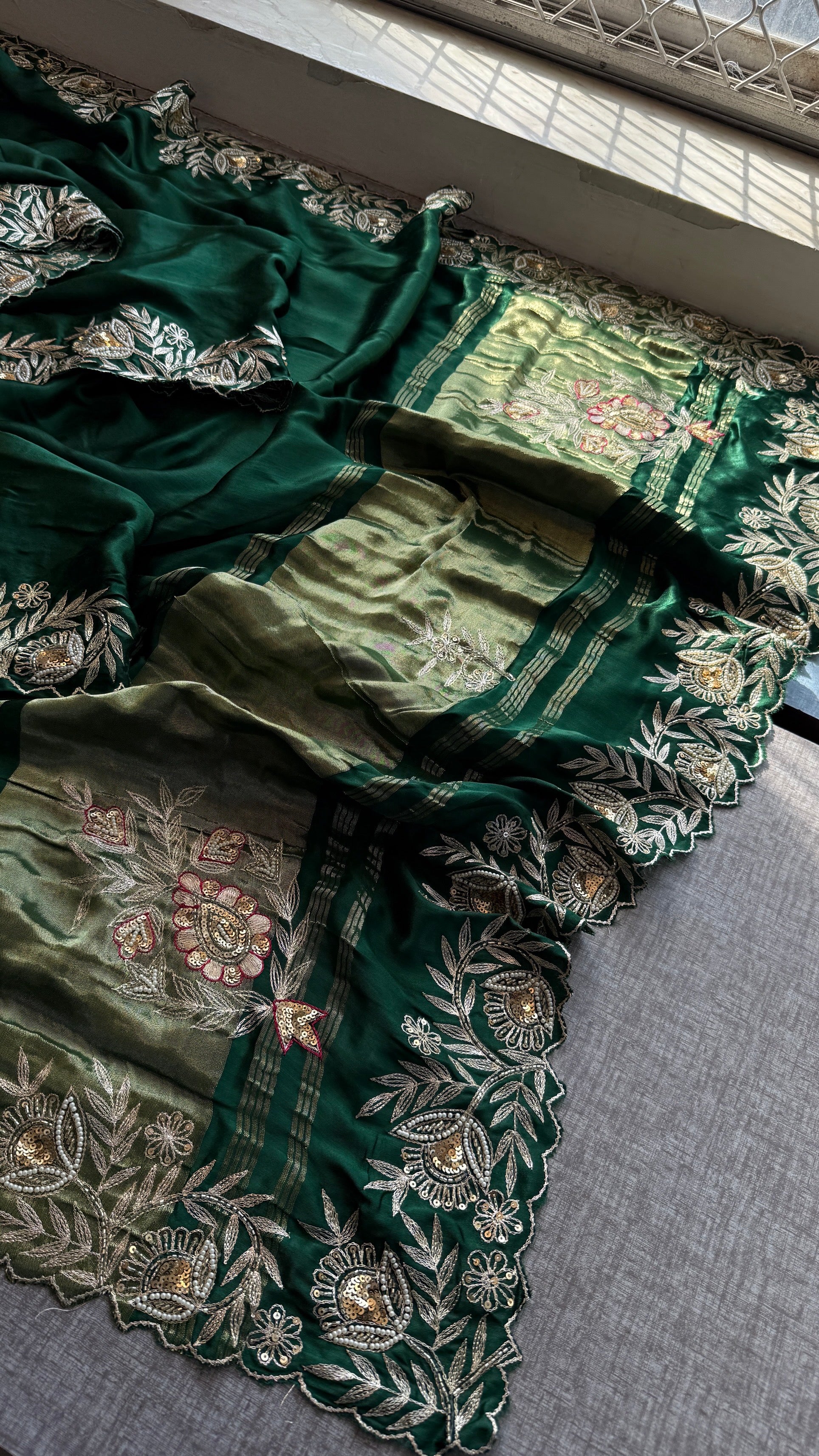 Designer Green Pure Gajji Silk Saree with Aari, Cutdana, and Gota Patti Handwork with Blouse