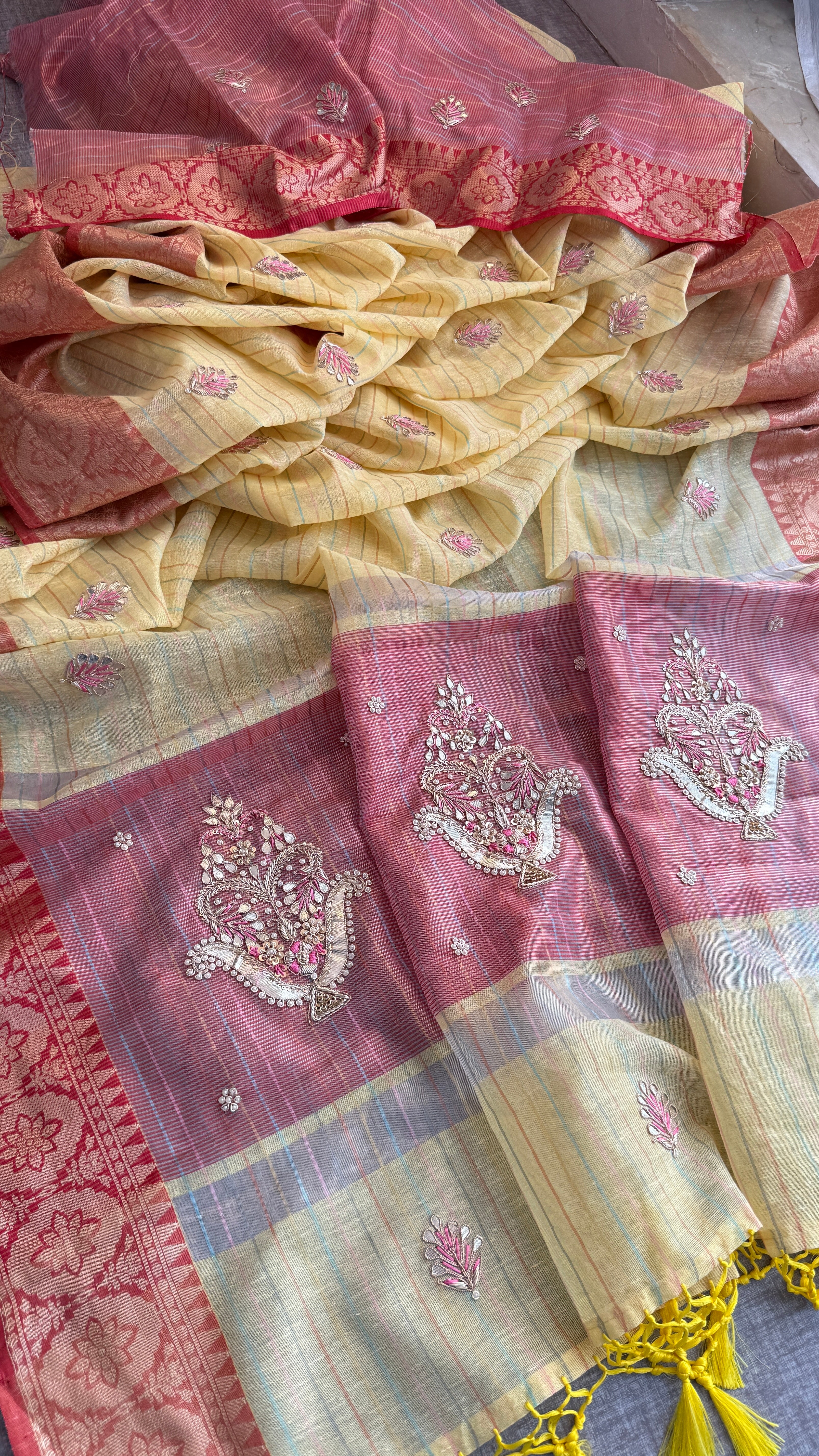 100%pure Tissue Linen Silk saree with Banarasi Weaving