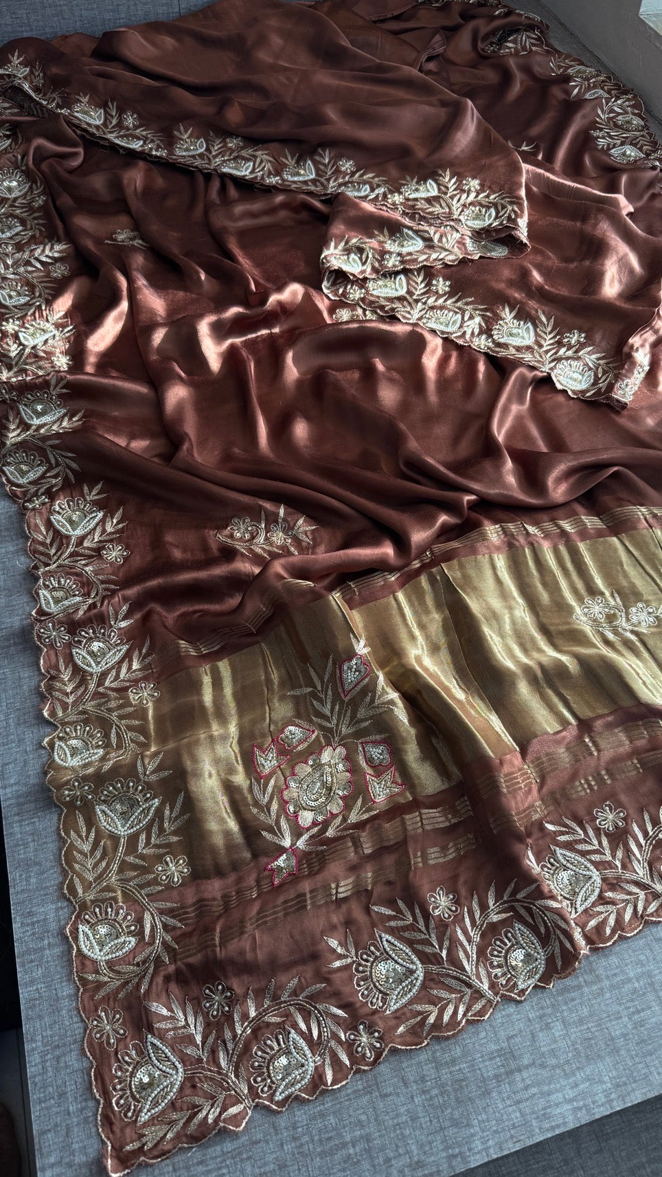 Soft Gajji Silk Lakdi Patta Banarasi Saree with Zardozi, Kasab, Pearl & Sequins Work