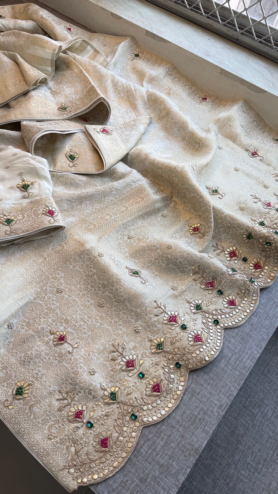 Luxury Munga Silk Banarasi Saree with Zardozi Gota Patti Pearl Sequin & Stone Handwork