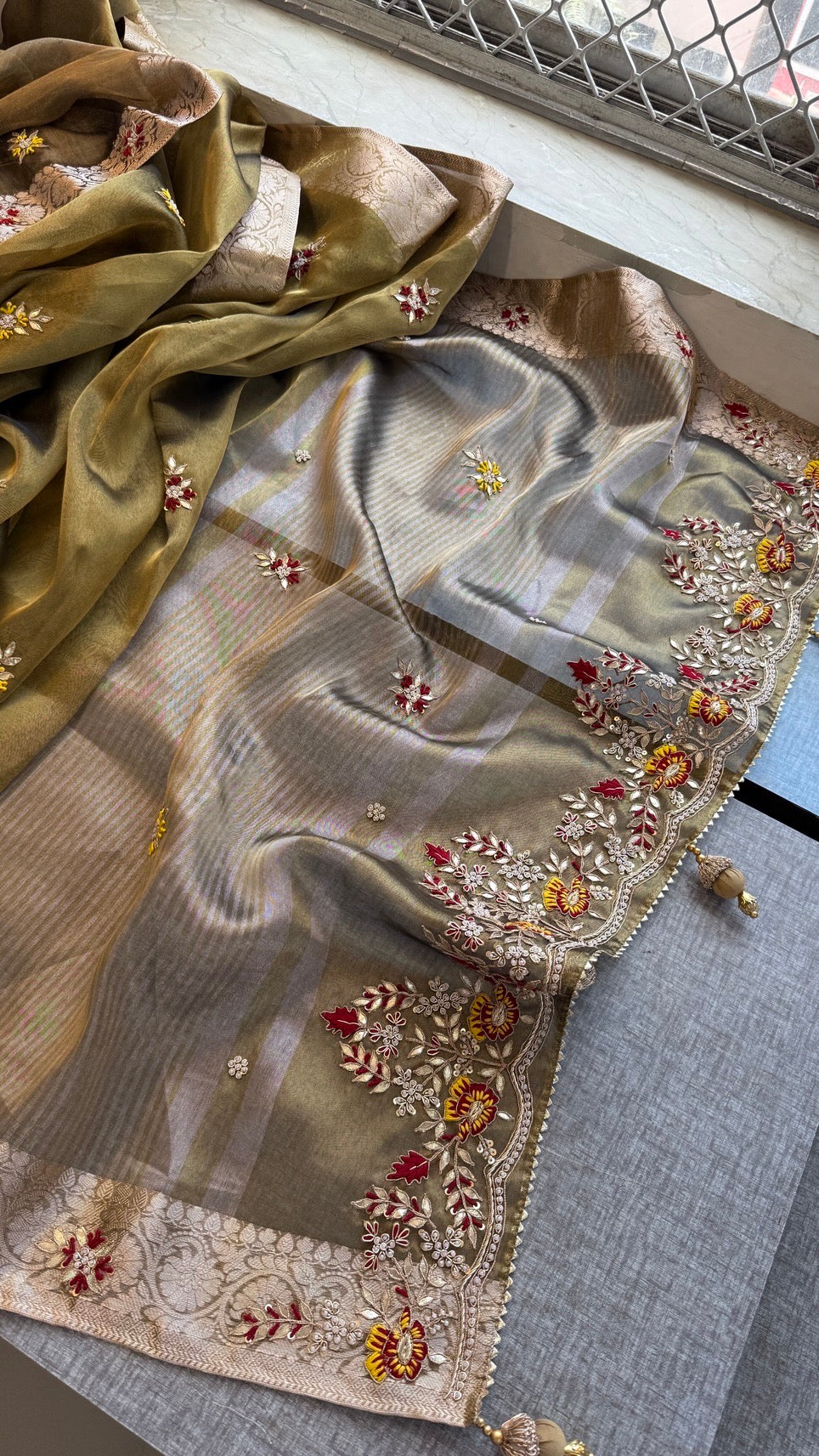 Luxury Tissue Silk Saree with Heavy Handwork Border & Designer Blouse