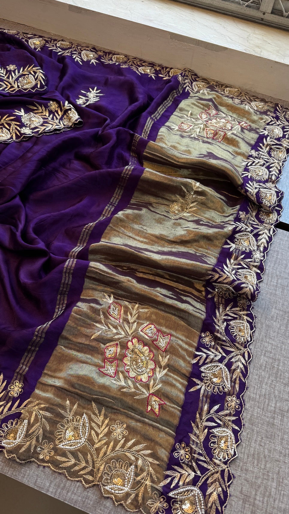 Soft Gajji Silk Lakdi Patta Banarasi Saree with Zardozi, Kasab, Pearl & Sequins Work