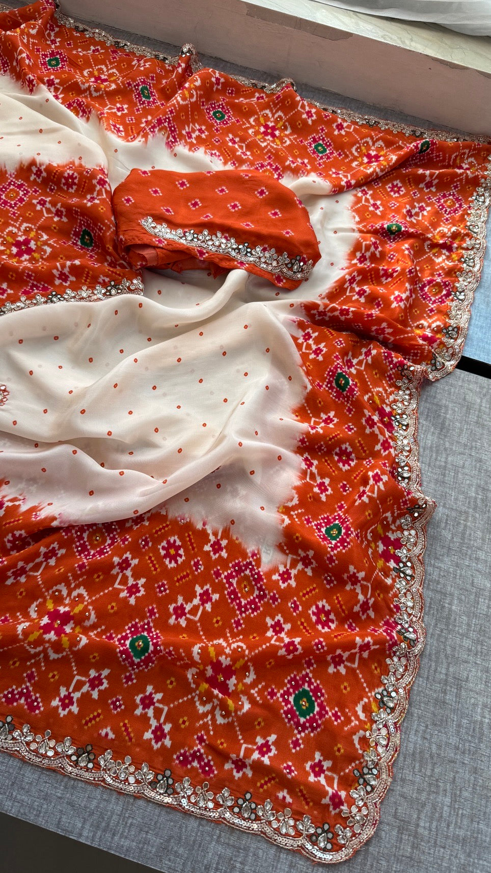 Soft Munga Silk Digital Print Saree with Zardozi, Kutdana, Pearl, Sequins & Stone Work with Designer Blouse