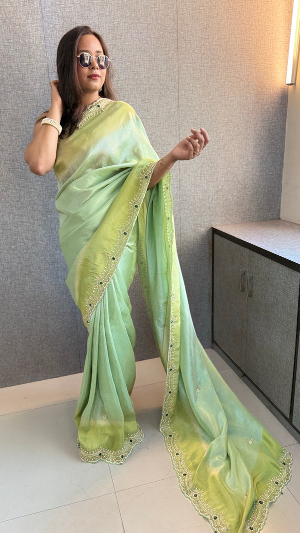 Cosmo Silk Saree with Cutdana, Pearl & Resham Work | Designer Blouse & Stone Embellished Party Wear